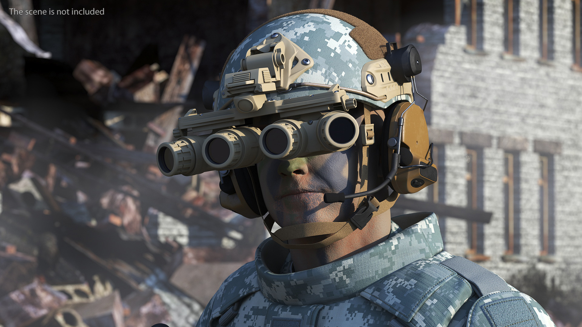 3D Soldier in Night Vision Goggles Grey Camo Walking Fur model