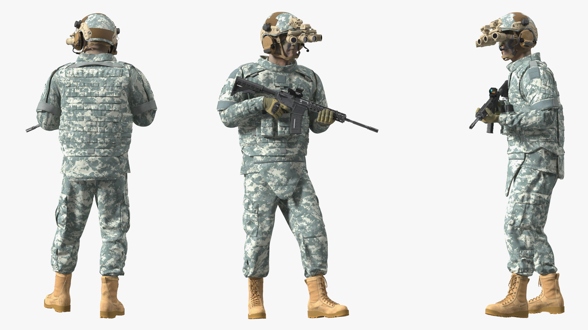 3D Soldier in Night Vision Goggles Grey Camo Walking Fur model