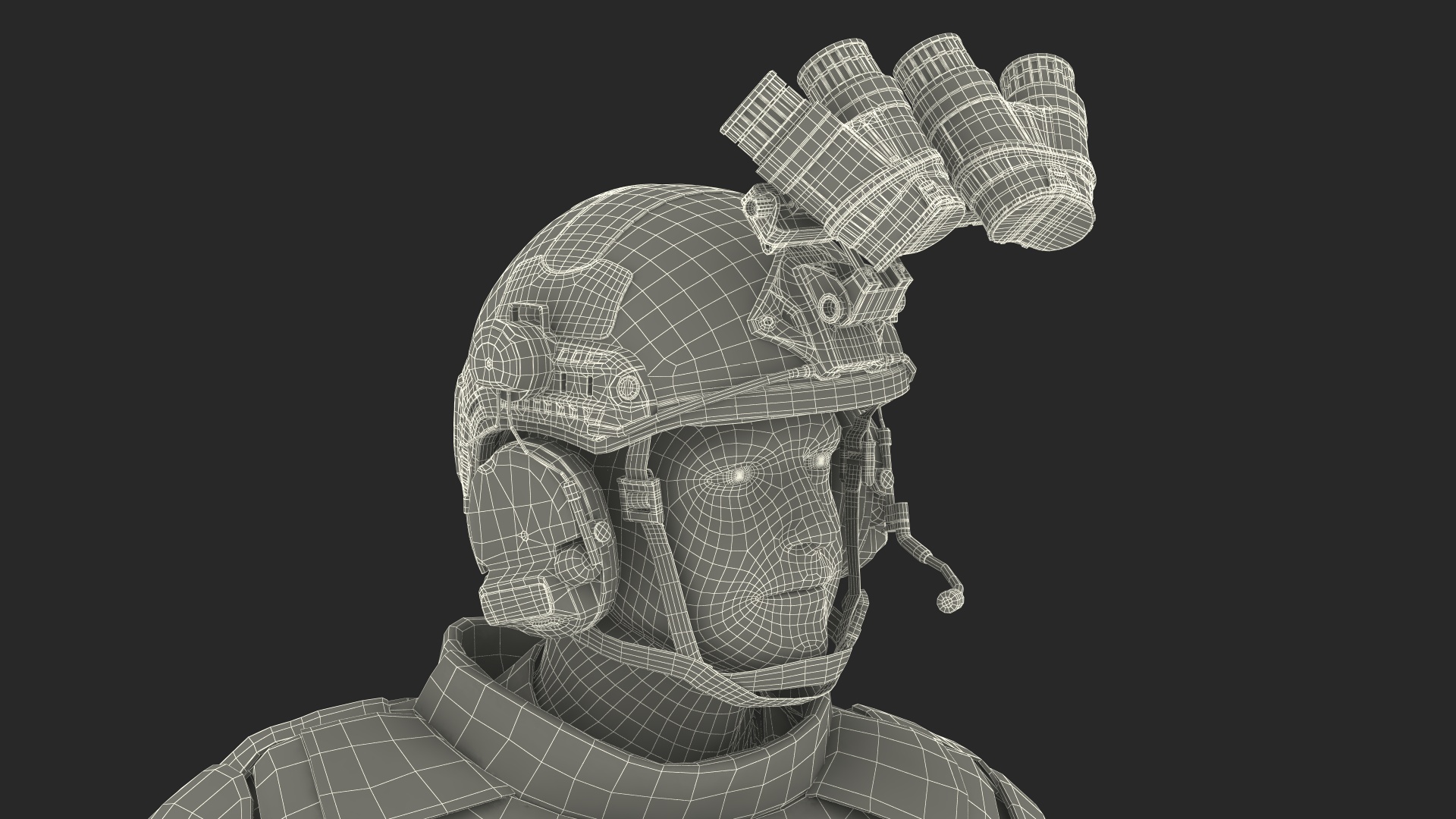 3D Soldier in Night Vision Goggles Grey Camo Walking Fur model
