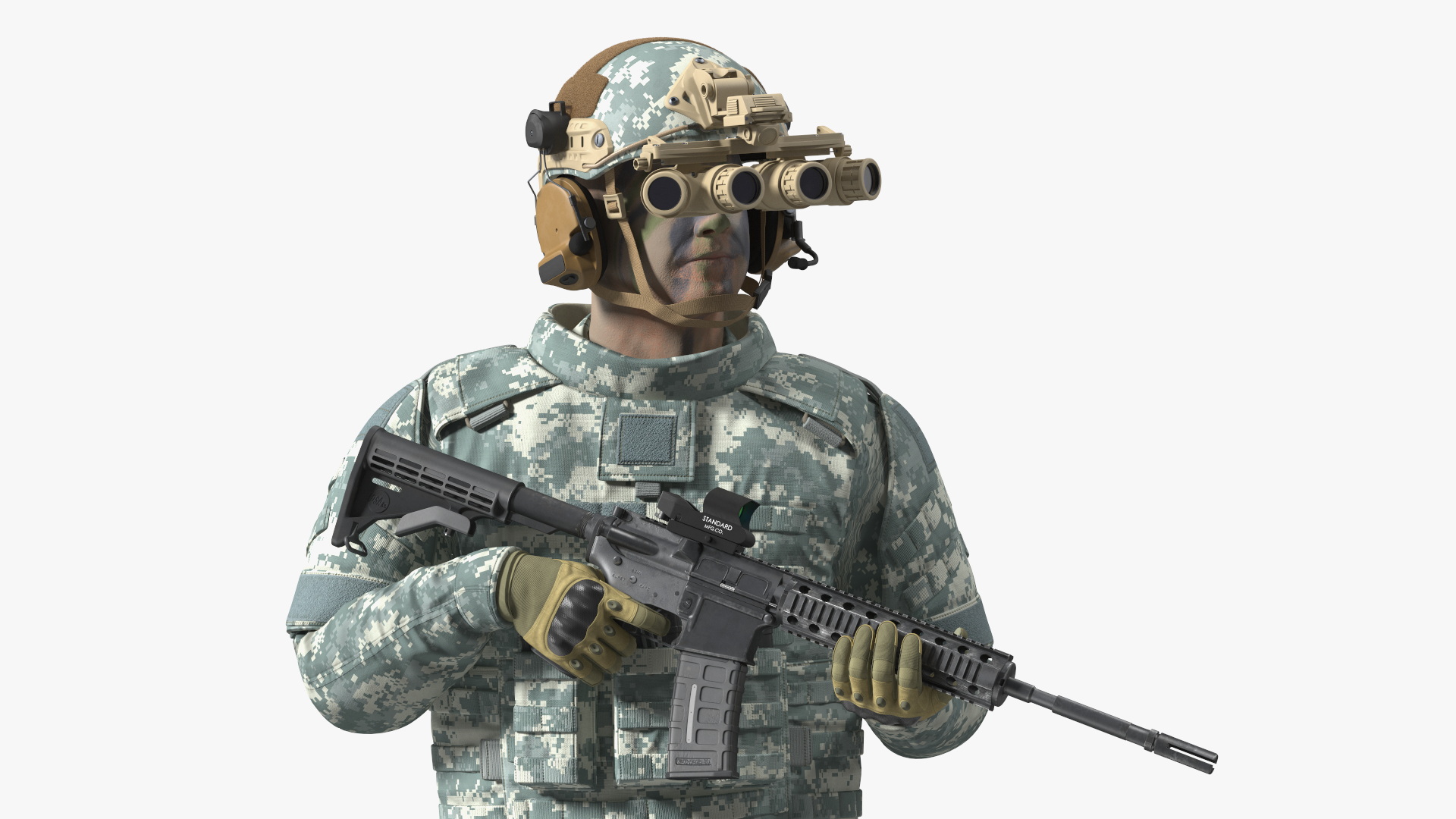 3D Soldier in Night Vision Goggles Grey Camo Walking Fur model