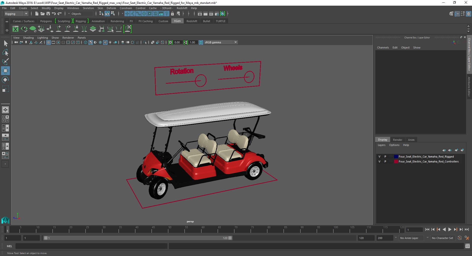 Four Seat Electric Car Yamaha Red Rigged for Maya 3D model