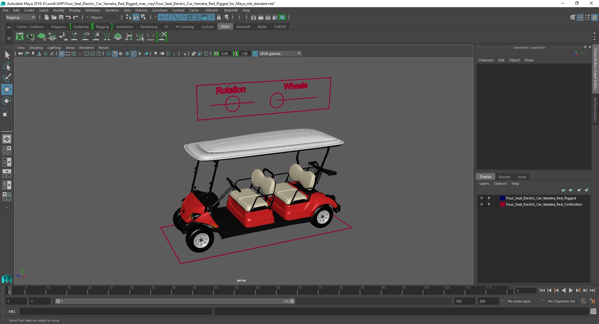 Four Seat Electric Car Yamaha Red Rigged for Maya 3D model