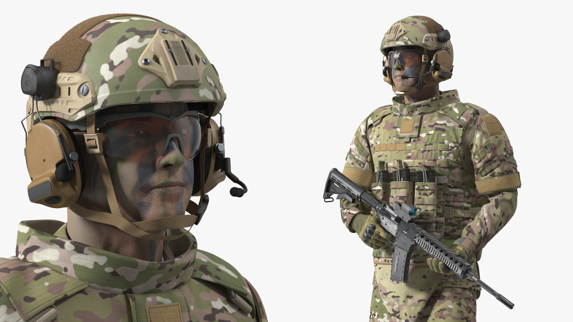 Soldier in Green Tactical Gear with Rifle Standing Fur 3D model