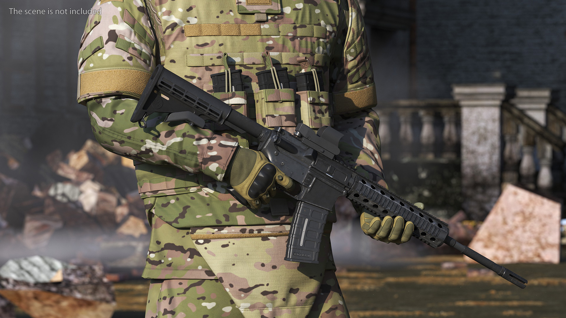 Soldier in Green Tactical Gear with Rifle Standing Fur 3D model