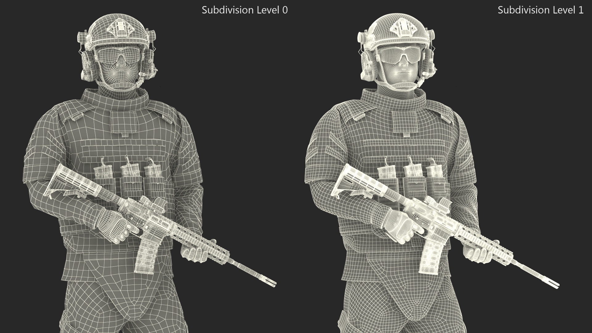 Soldier in Green Tactical Gear with Rifle Standing Fur 3D model