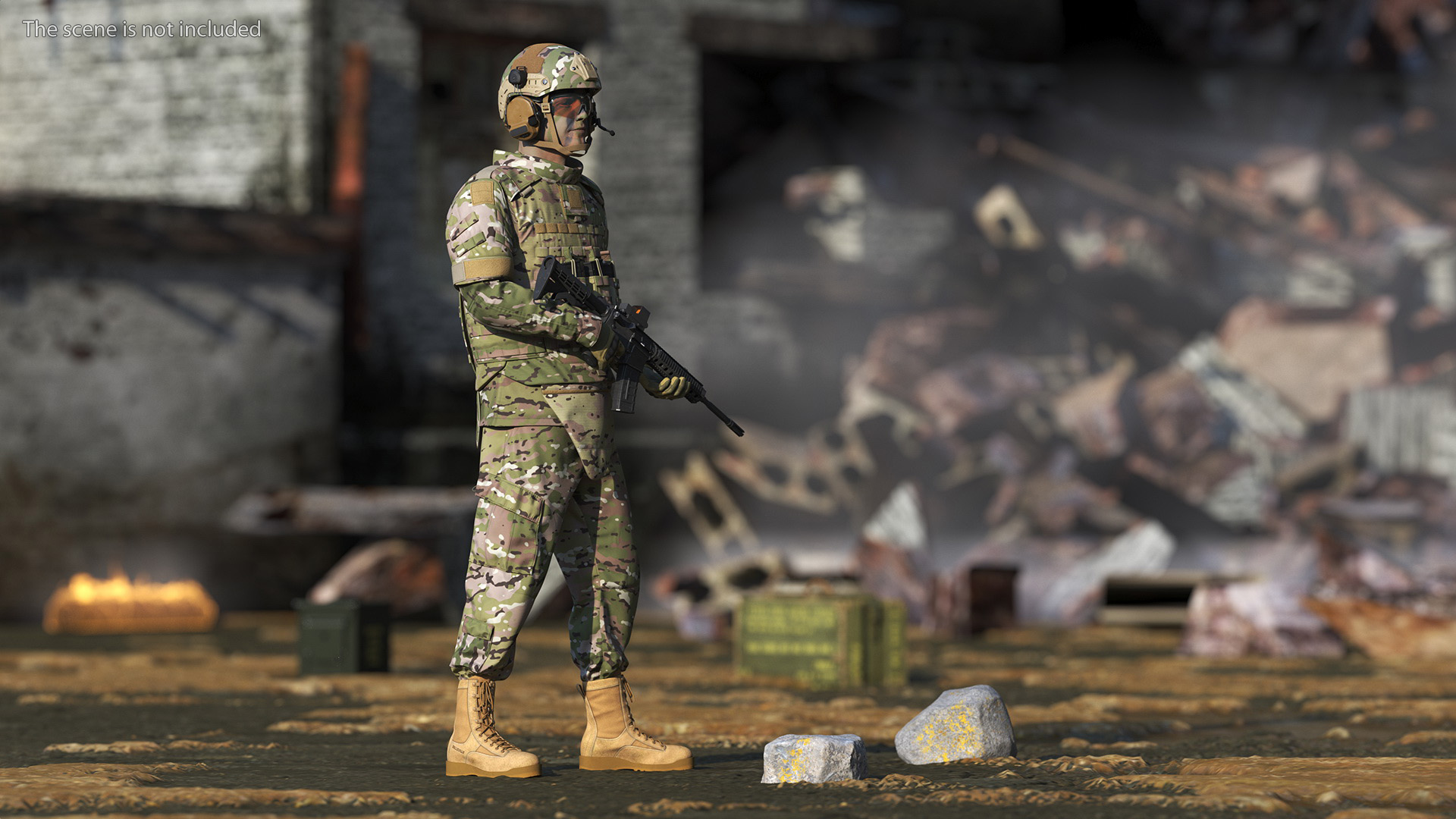 Soldier in Green Tactical Gear with Rifle Standing Fur 3D model
