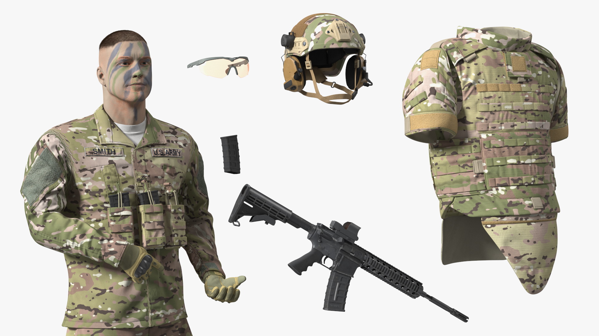 Soldier in Green Tactical Gear with Rifle Standing Fur 3D model