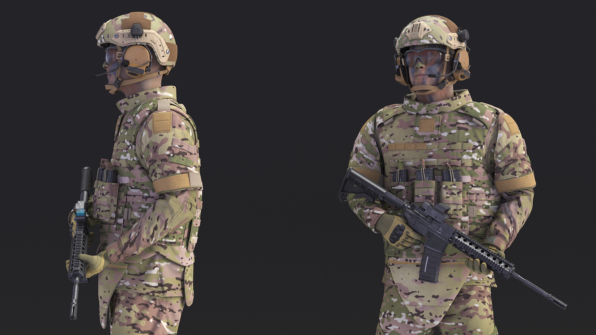 Soldier in Green Tactical Gear with Rifle Standing Fur 3D model