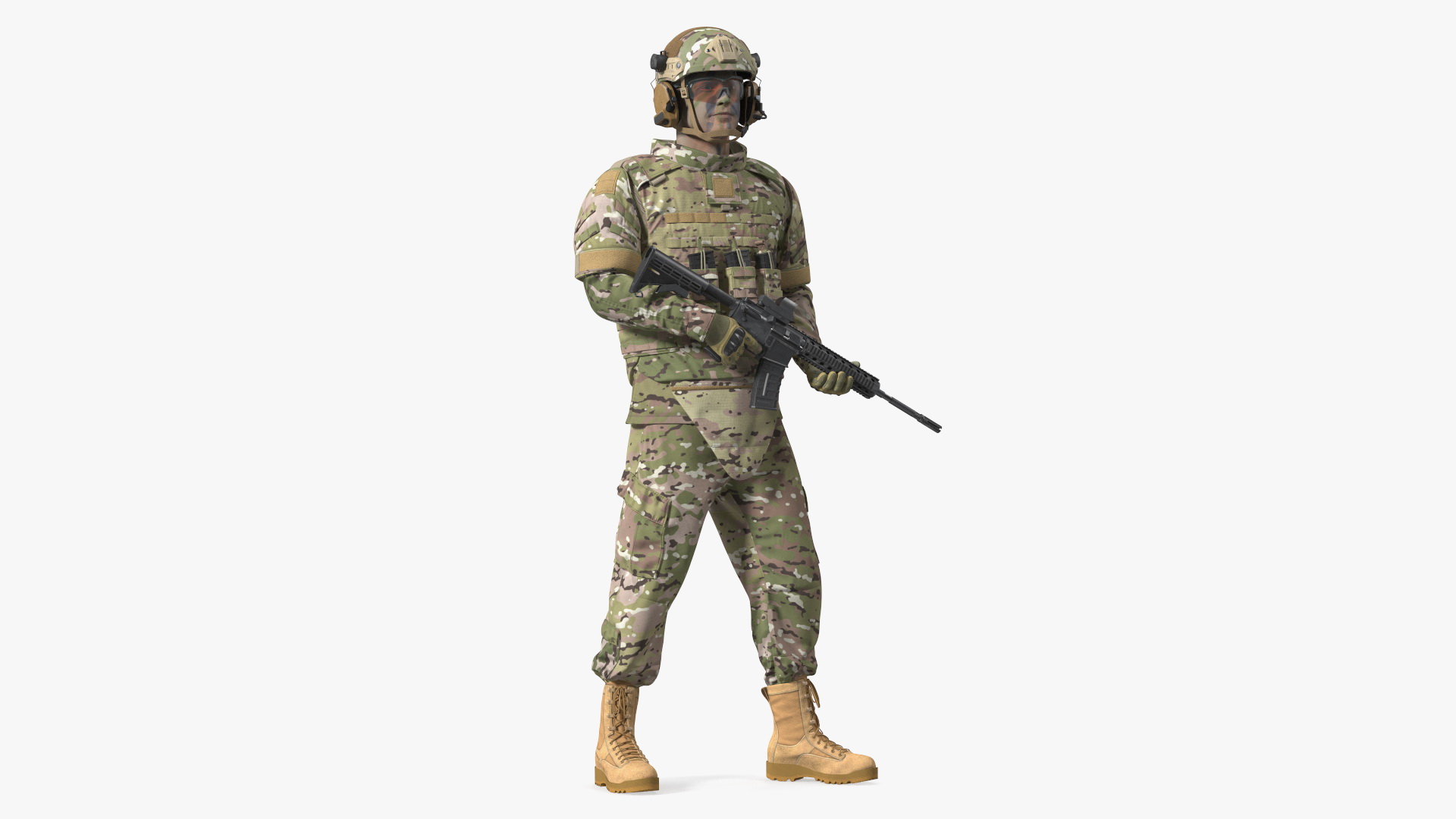 Soldier in Green Tactical Gear with Rifle Standing Fur 3D model