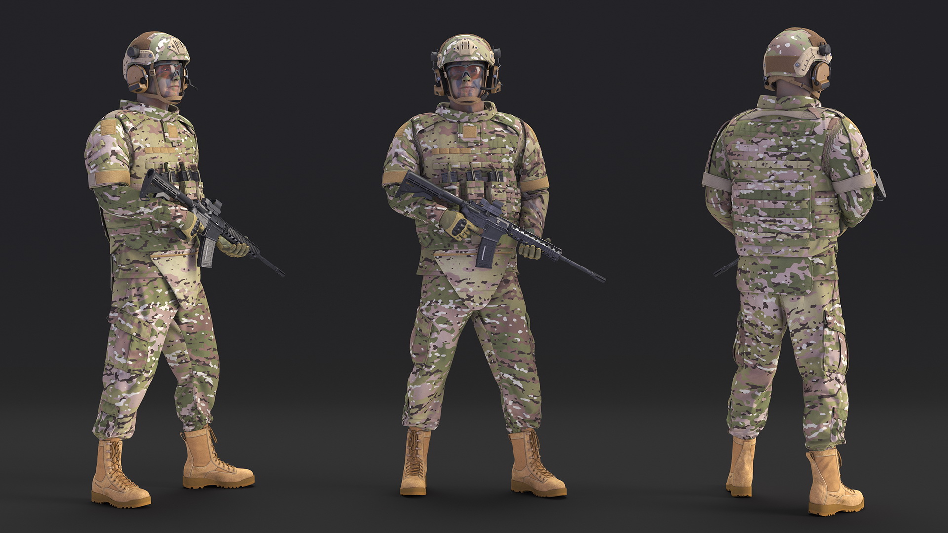 Soldier in Green Tactical Gear with Rifle Standing Fur 3D model
