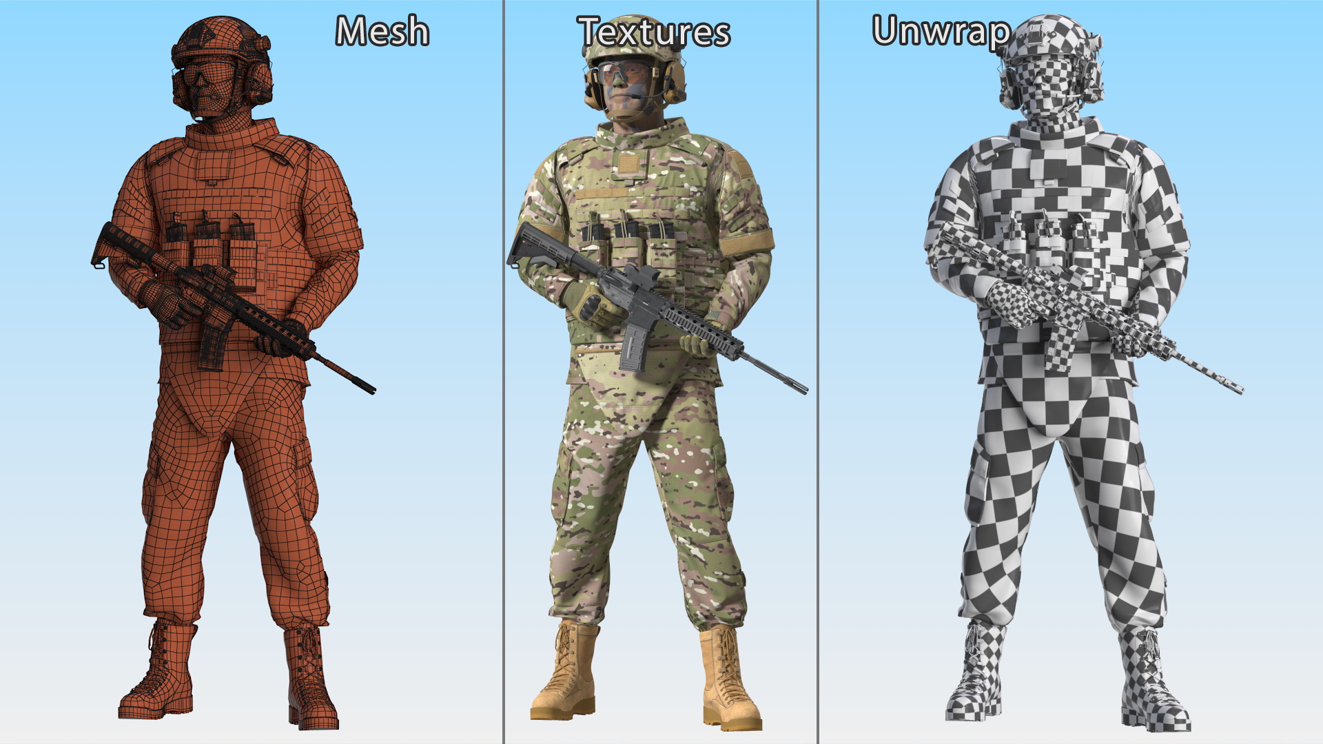 Soldier in Green Tactical Gear with Rifle Standing Fur 3D model