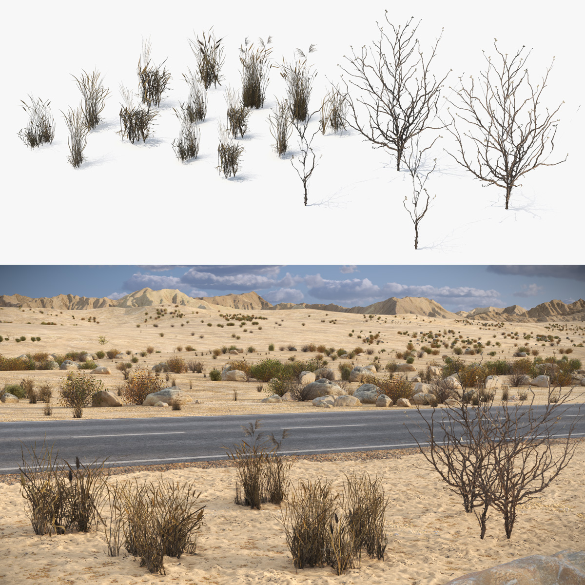 Dry Bushes with Grass Tufts Cluster Set Low Poly