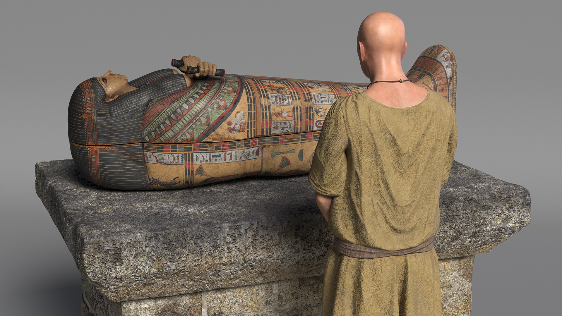 Ancient Priest Mourns an Altar with a Sarcophagus 3D model