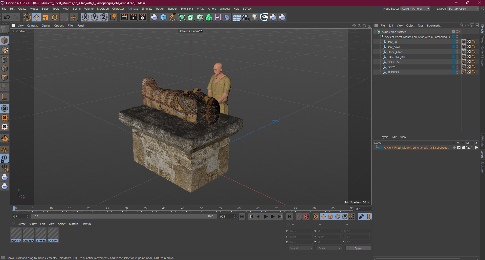 Ancient Priest Mourns an Altar with a Sarcophagus 3D model