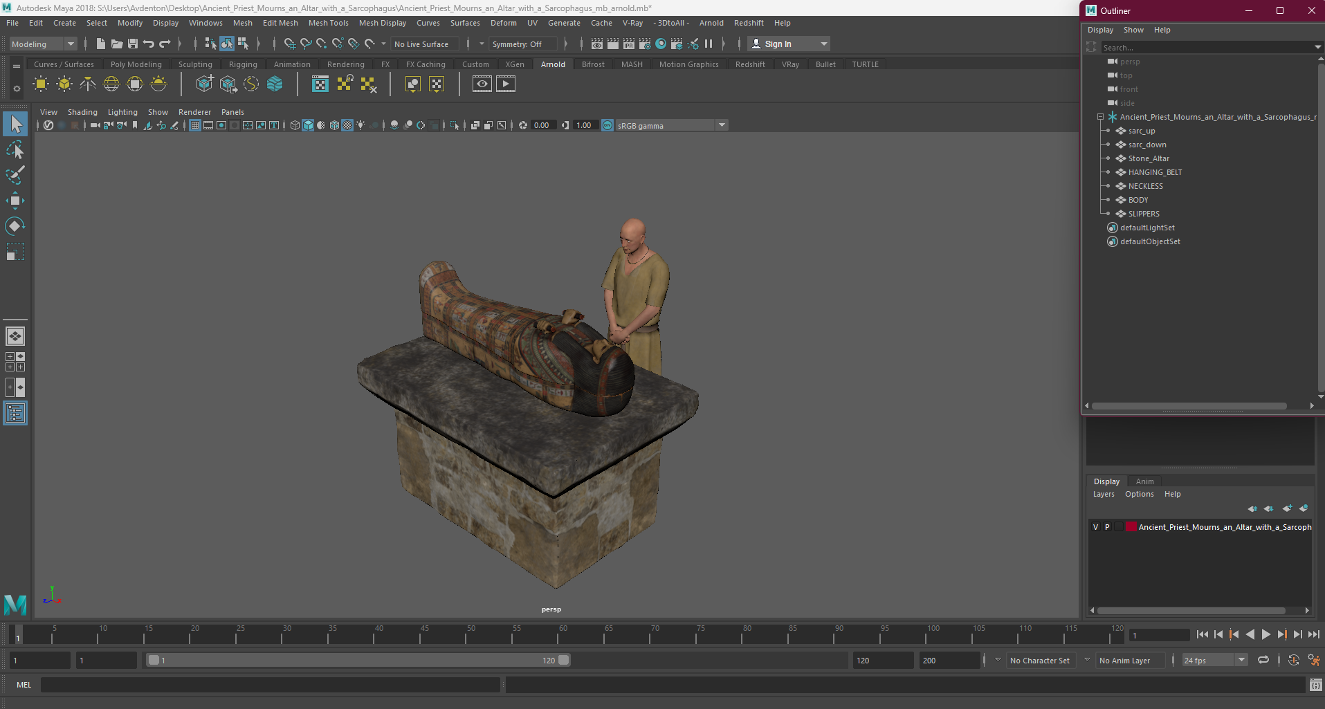 Ancient Priest Mourns an Altar with a Sarcophagus 3D model