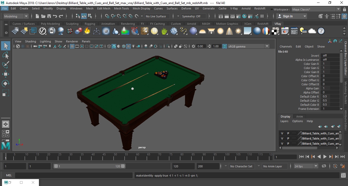 Billiard Table with Cues and Ball Set 3D