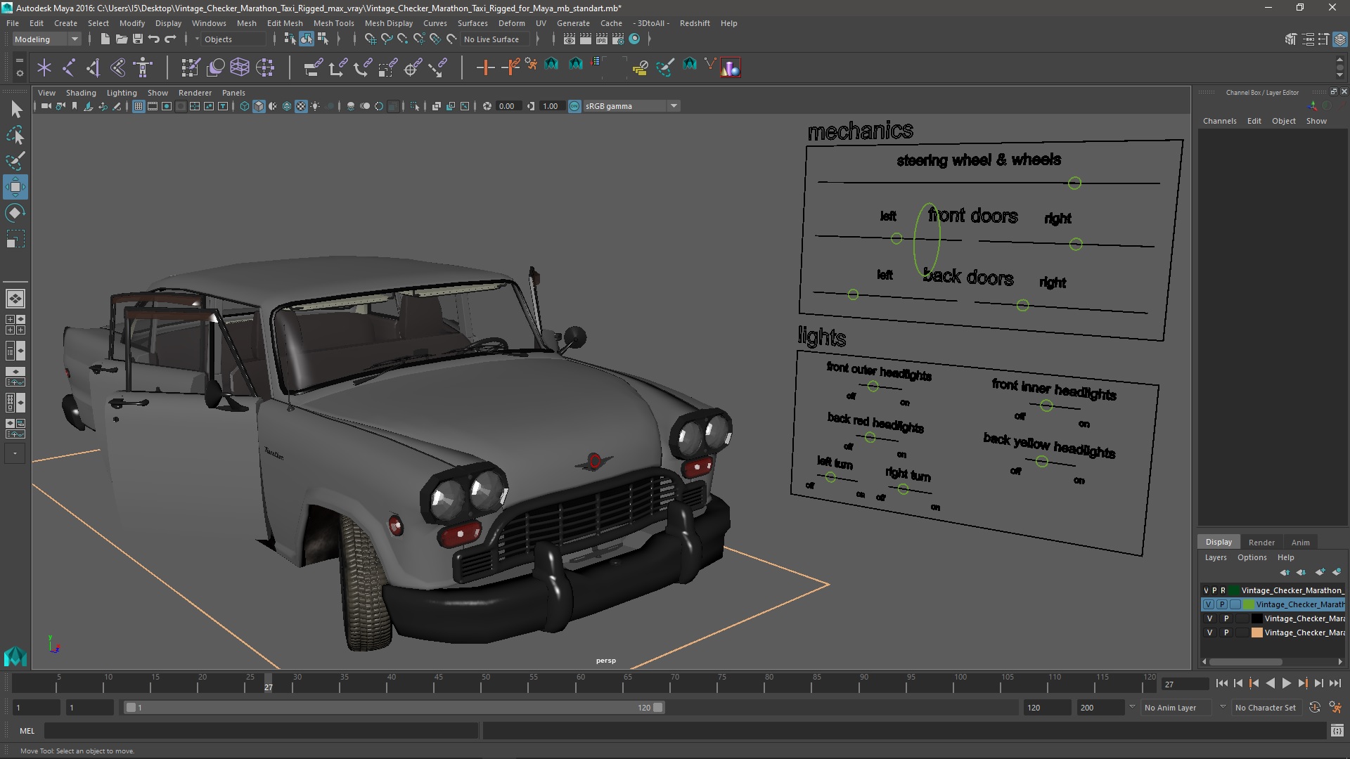 3D model Vintage Checker Marathon Taxi Rigged for Maya