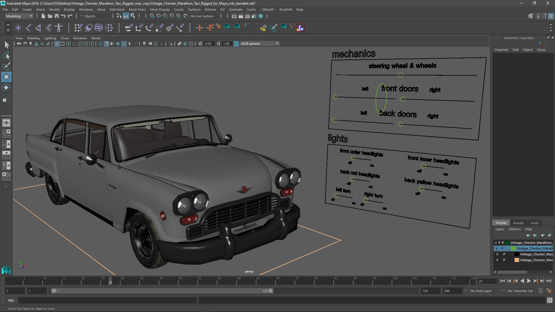 3D model Vintage Checker Marathon Taxi Rigged for Maya