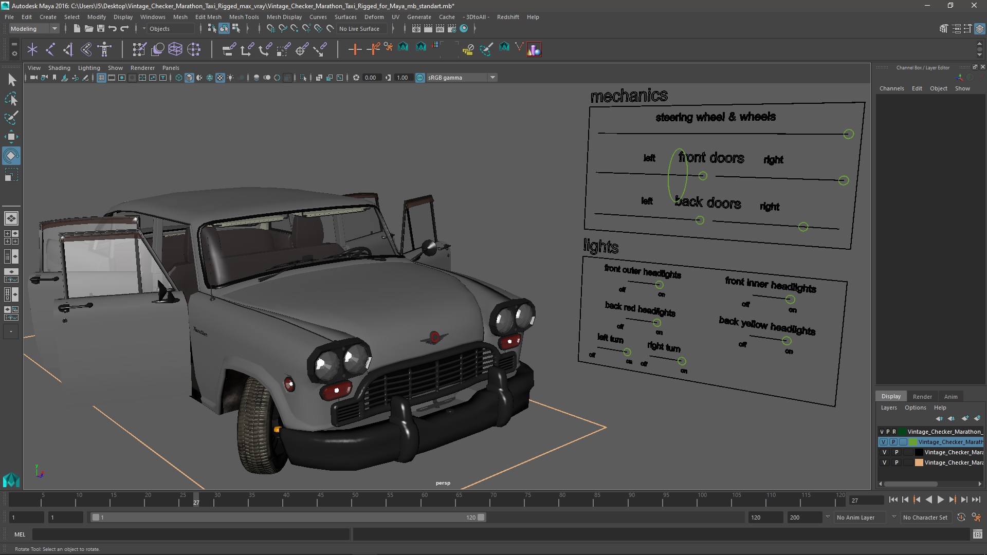 3D model Vintage Checker Marathon Taxi Rigged for Maya