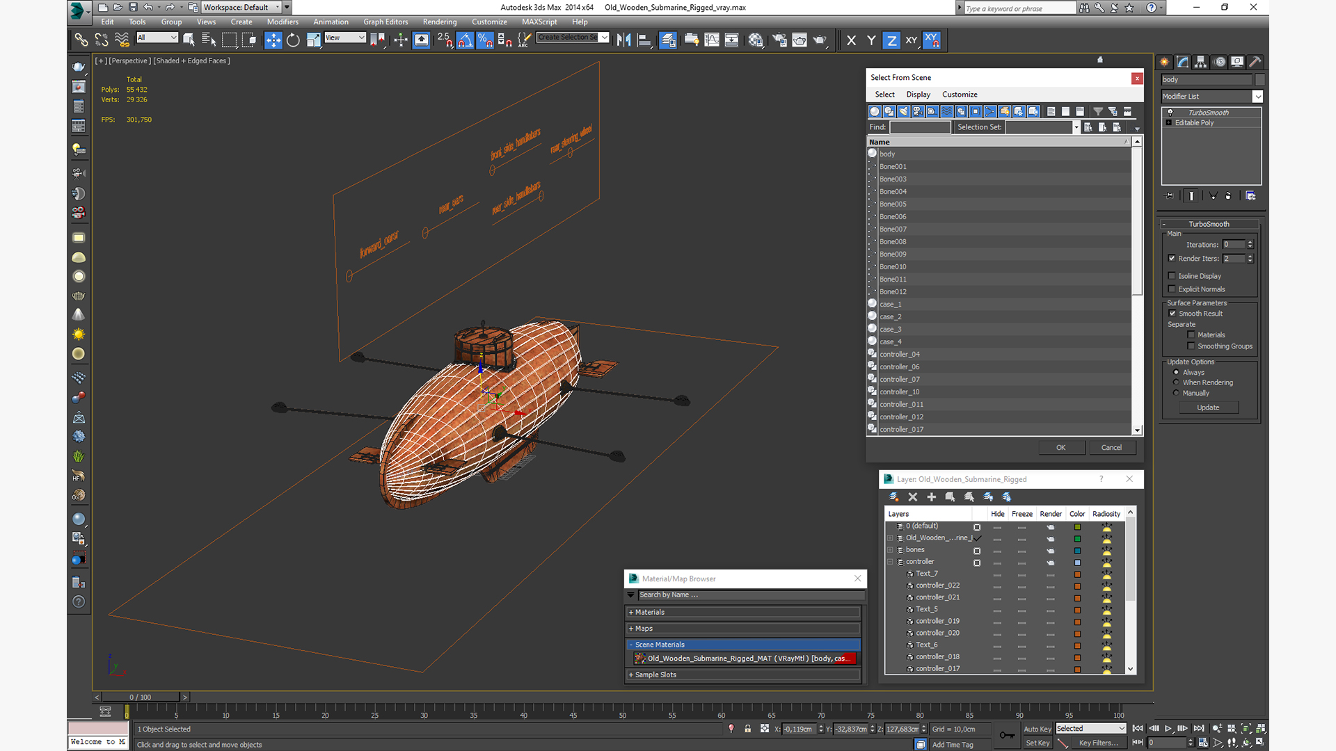 3D Old Wooden Submarine Rigged for Maya
