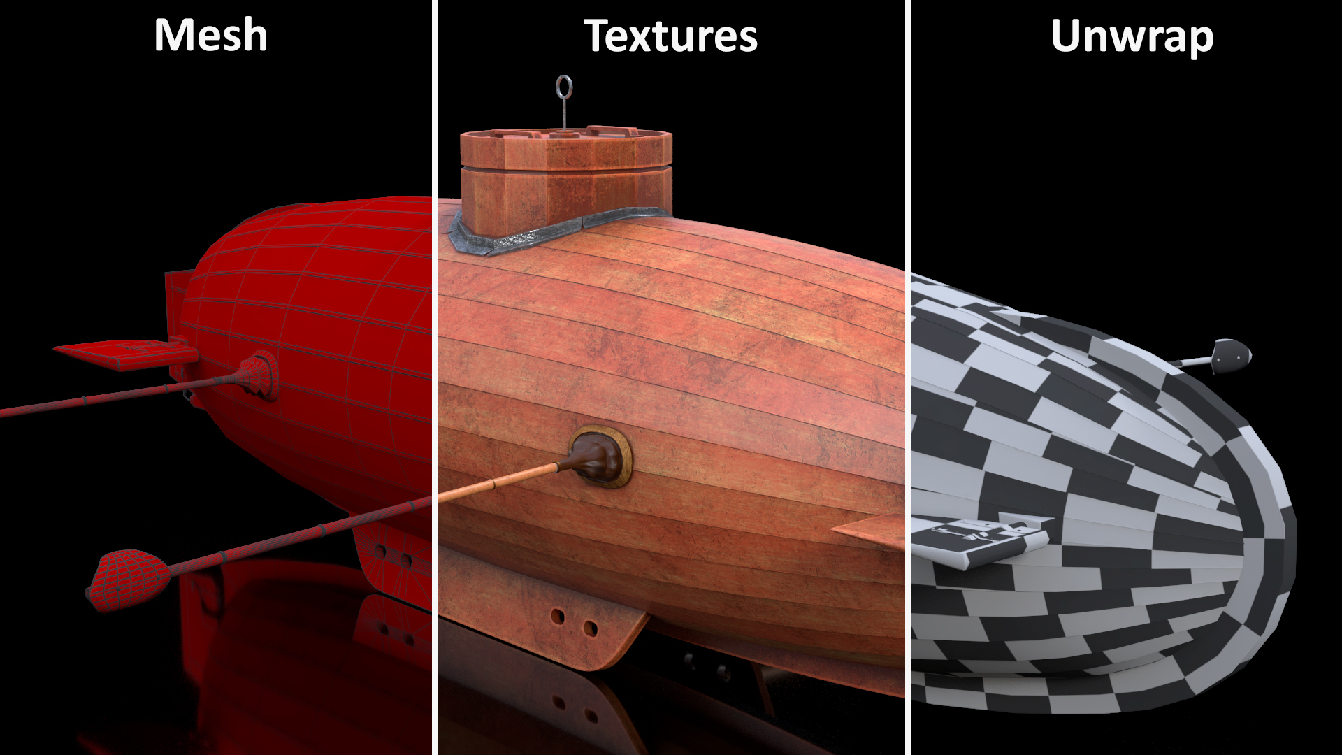 3D Old Wooden Submarine Rigged for Maya