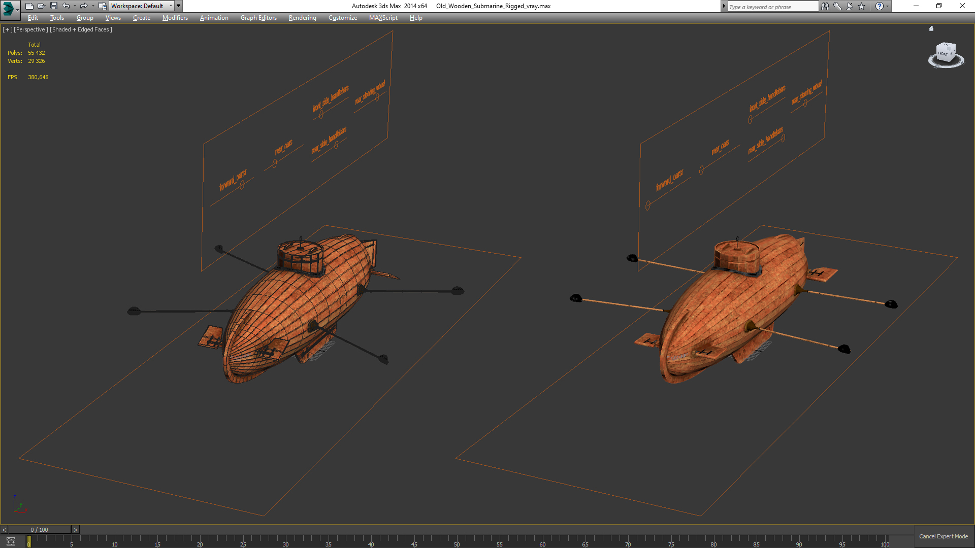 3D Old Wooden Submarine Rigged for Maya