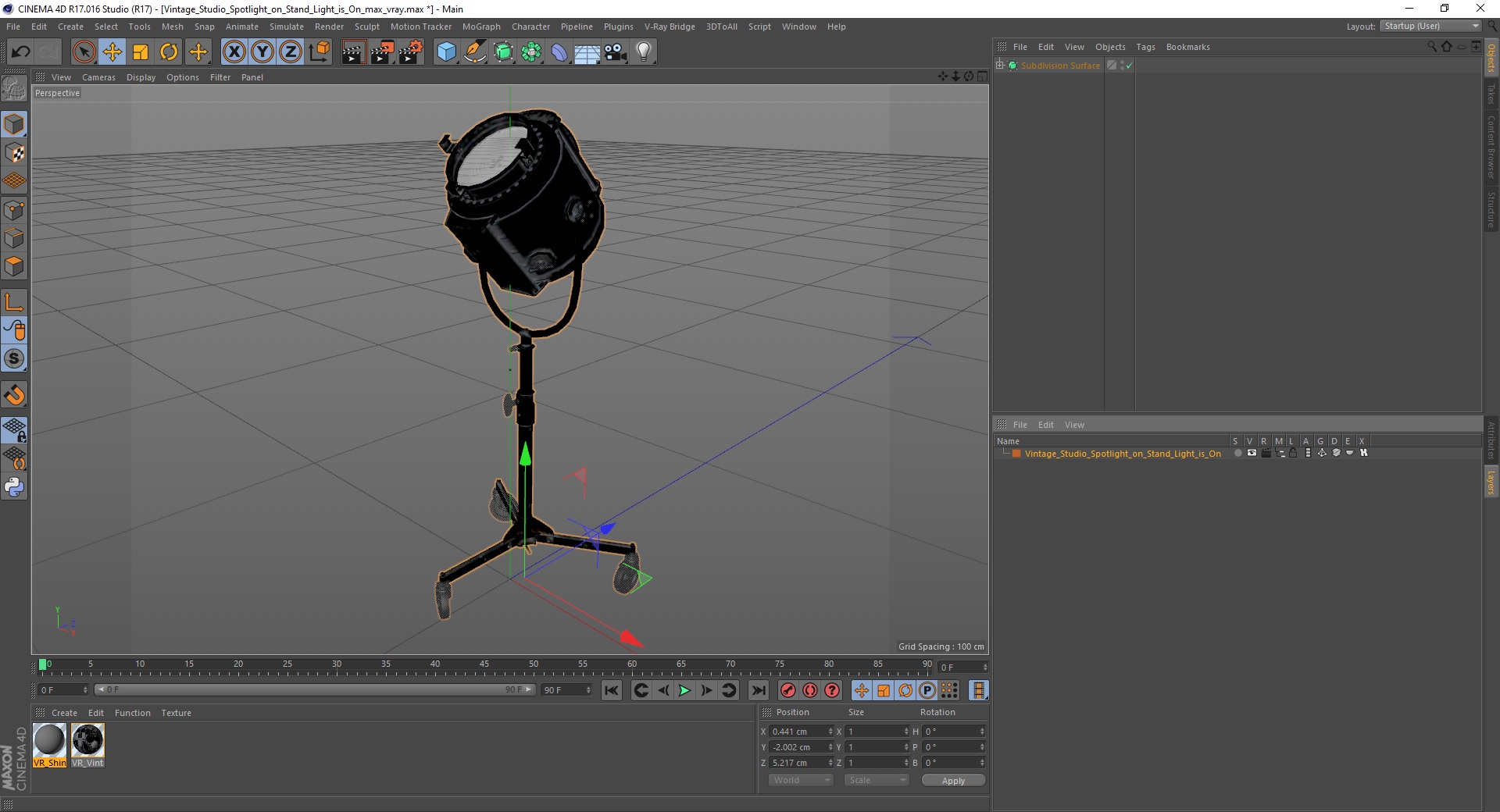 3D model Vintage Studio Spotlight on Stand Light is On