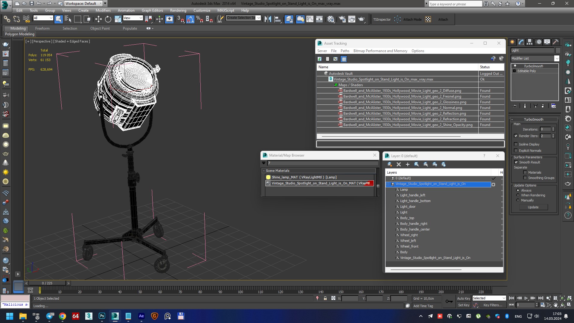 3D model Vintage Studio Spotlight on Stand Light is On