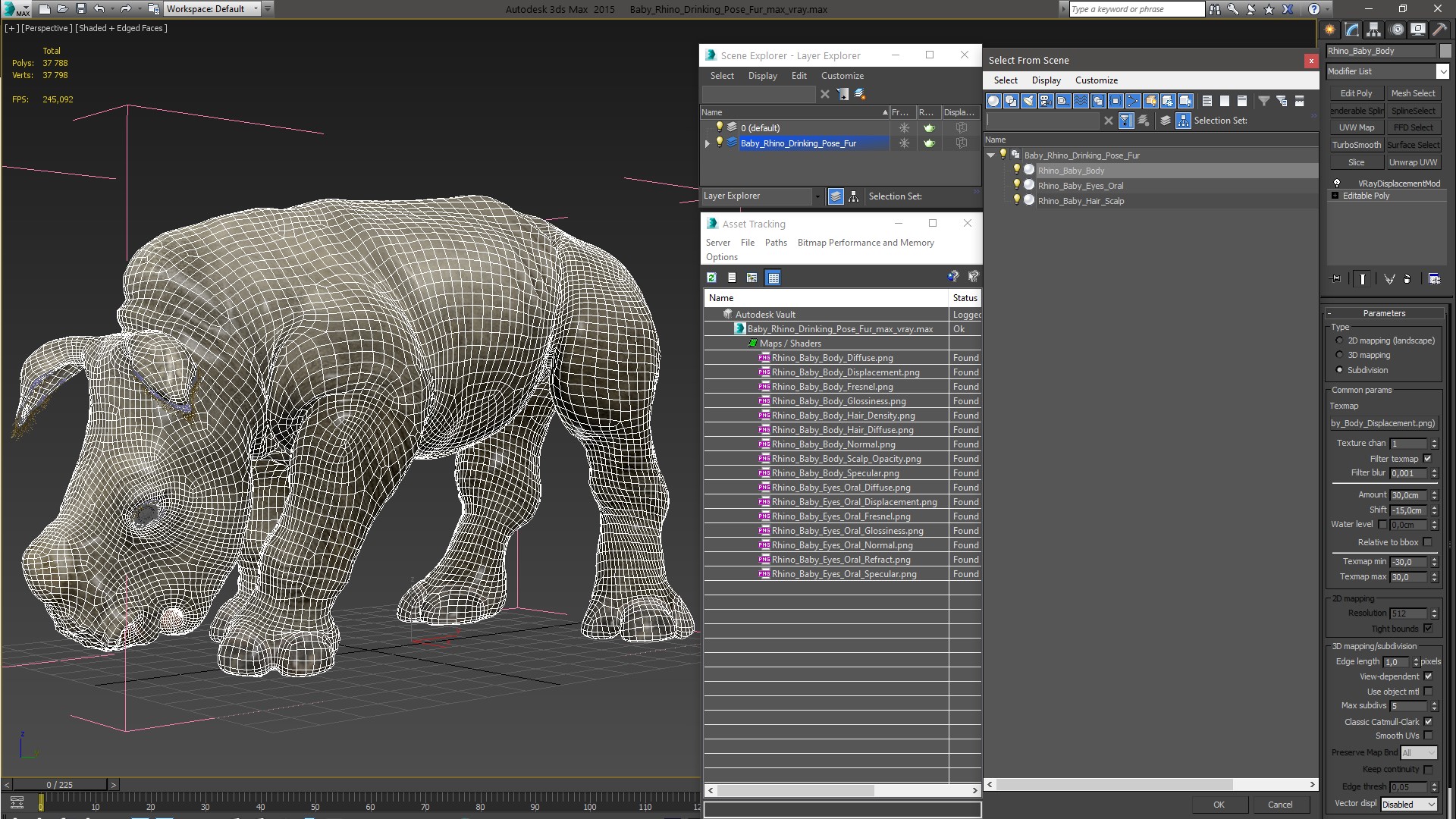 3D Baby Rhino Drinking Pose Fur model