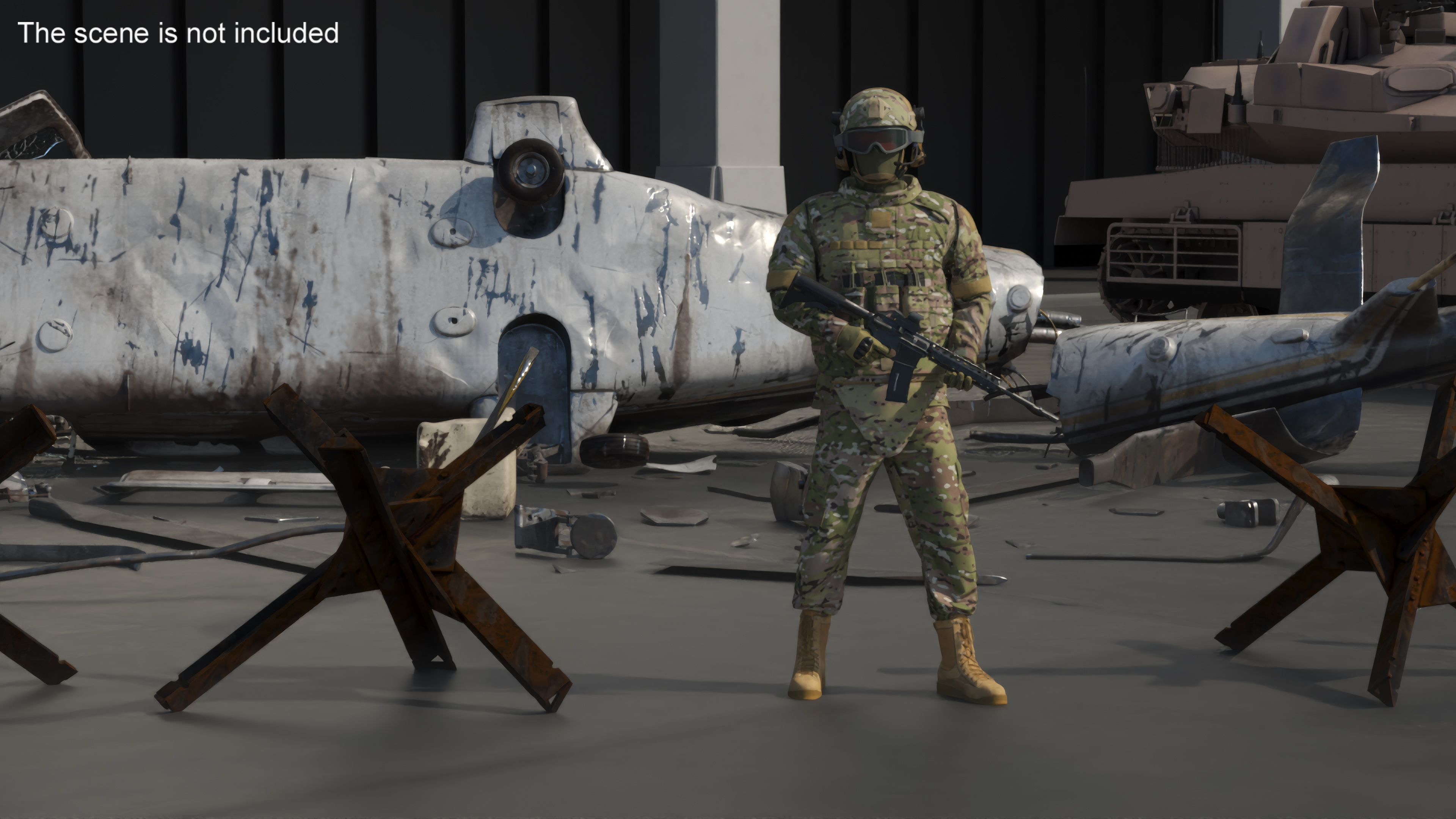 3D model War Zone with Helicopter Wreckage and Soldier