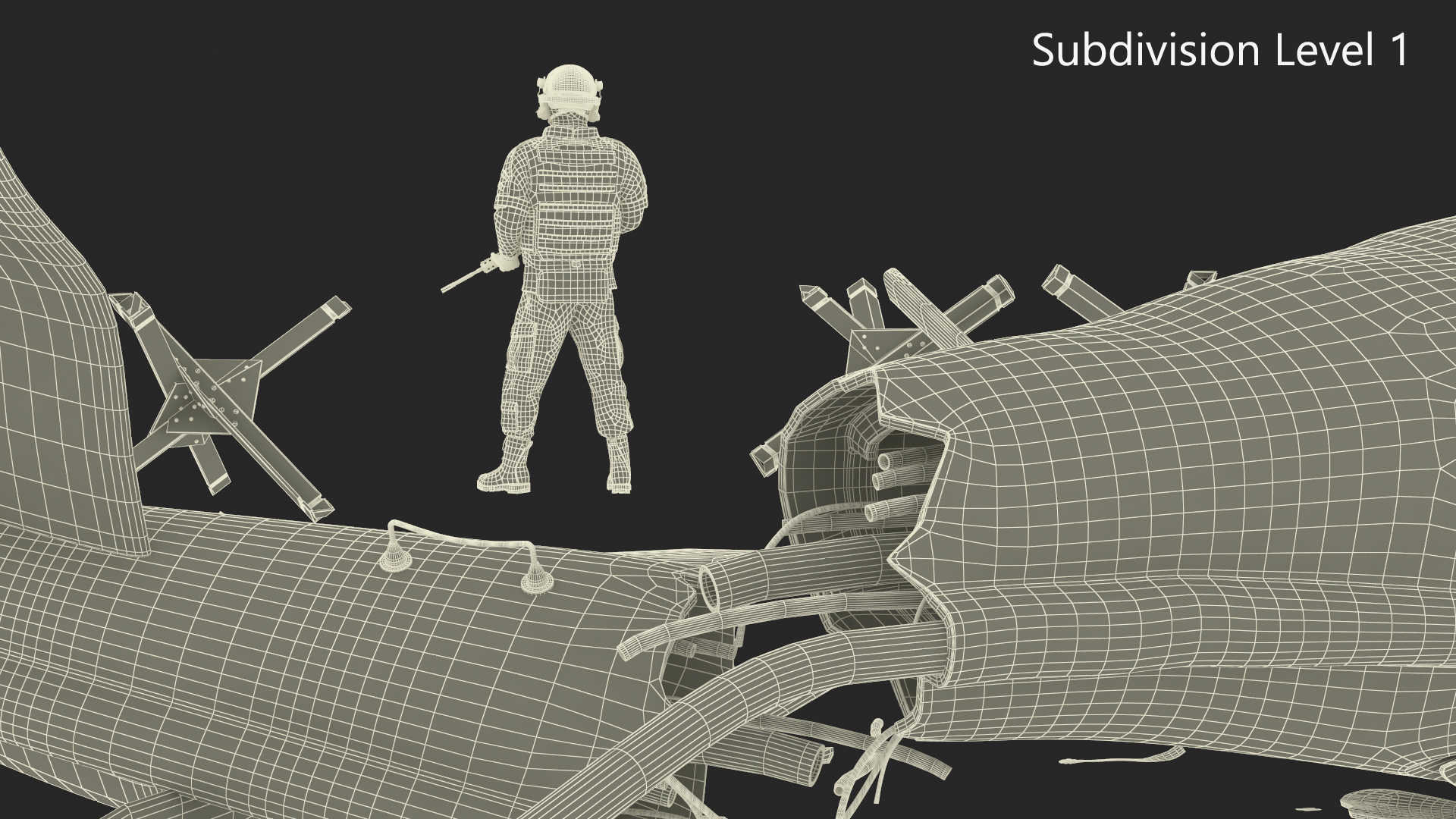 3D model War Zone with Helicopter Wreckage and Soldier