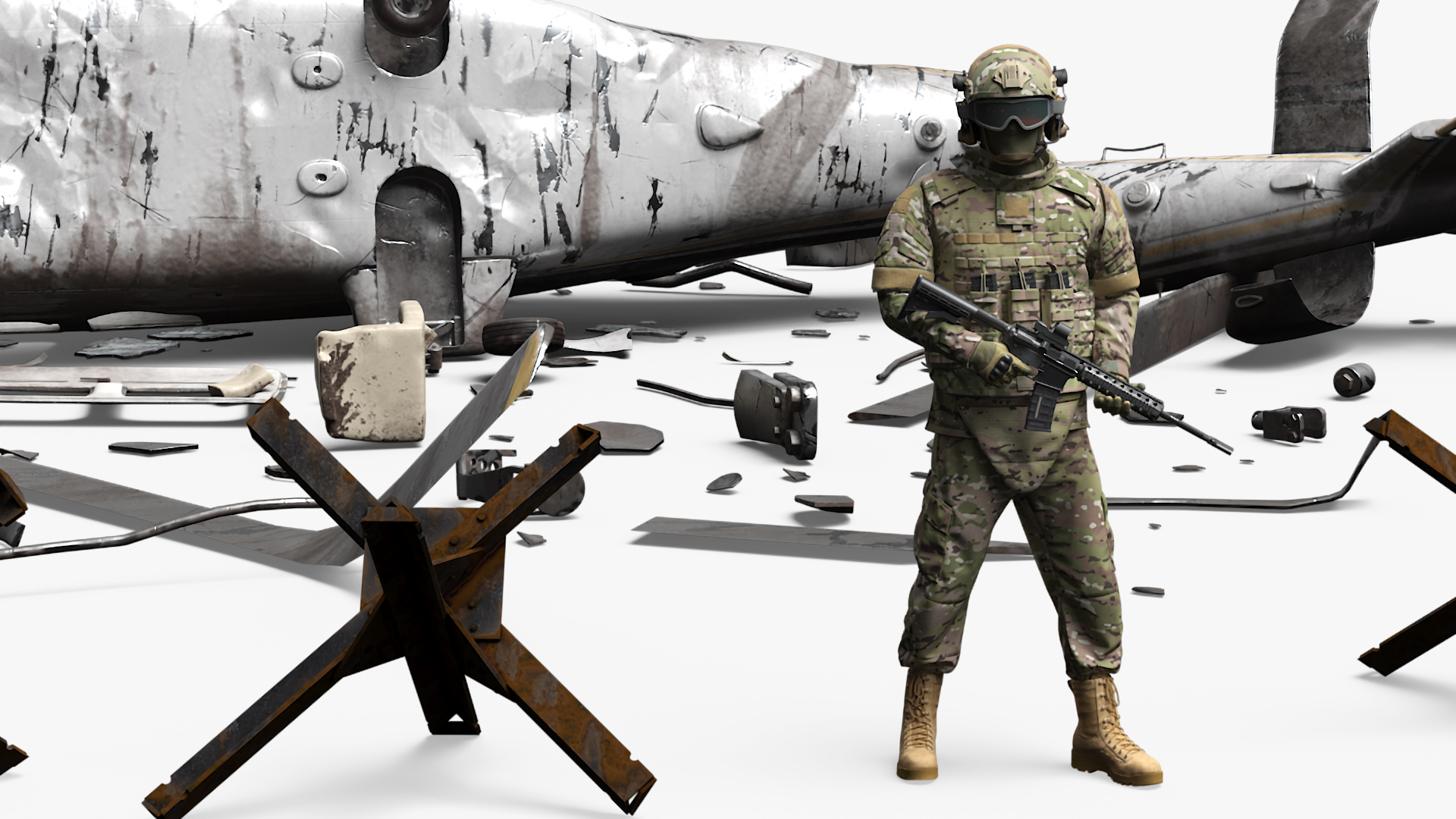 3D model War Zone with Helicopter Wreckage and Soldier