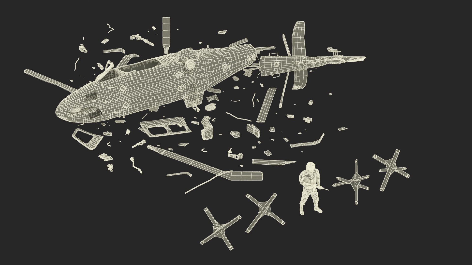 3D model War Zone with Helicopter Wreckage and Soldier