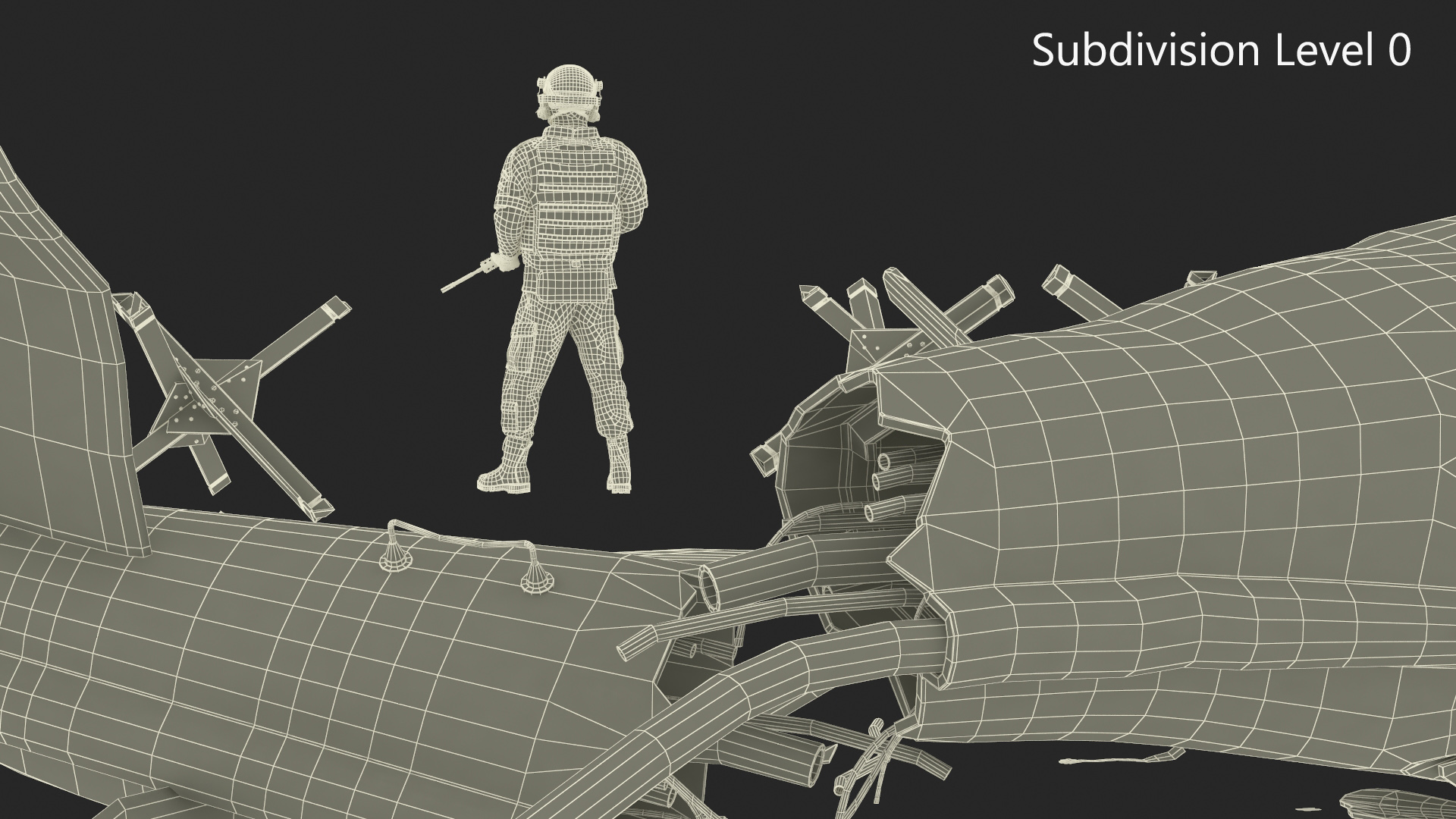 3D model War Zone with Helicopter Wreckage and Soldier