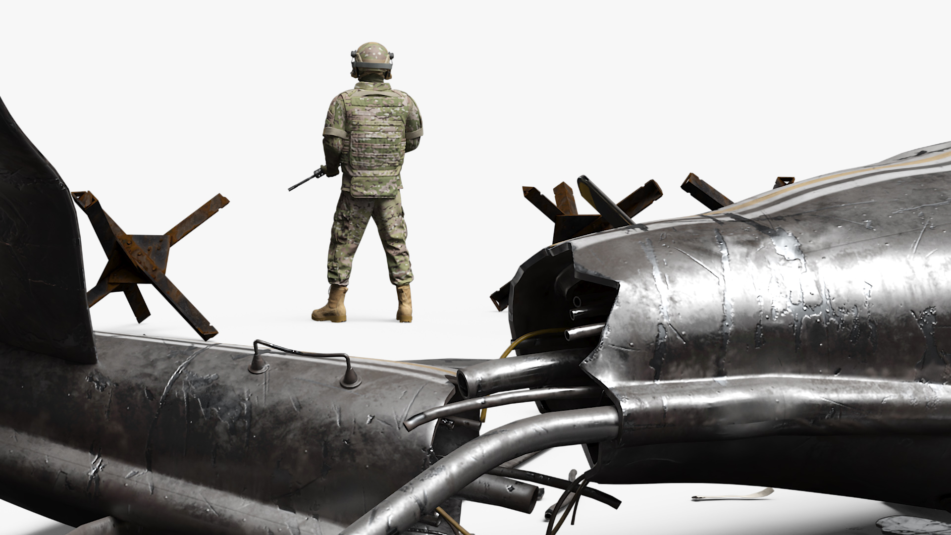 3D model War Zone with Helicopter Wreckage and Soldier