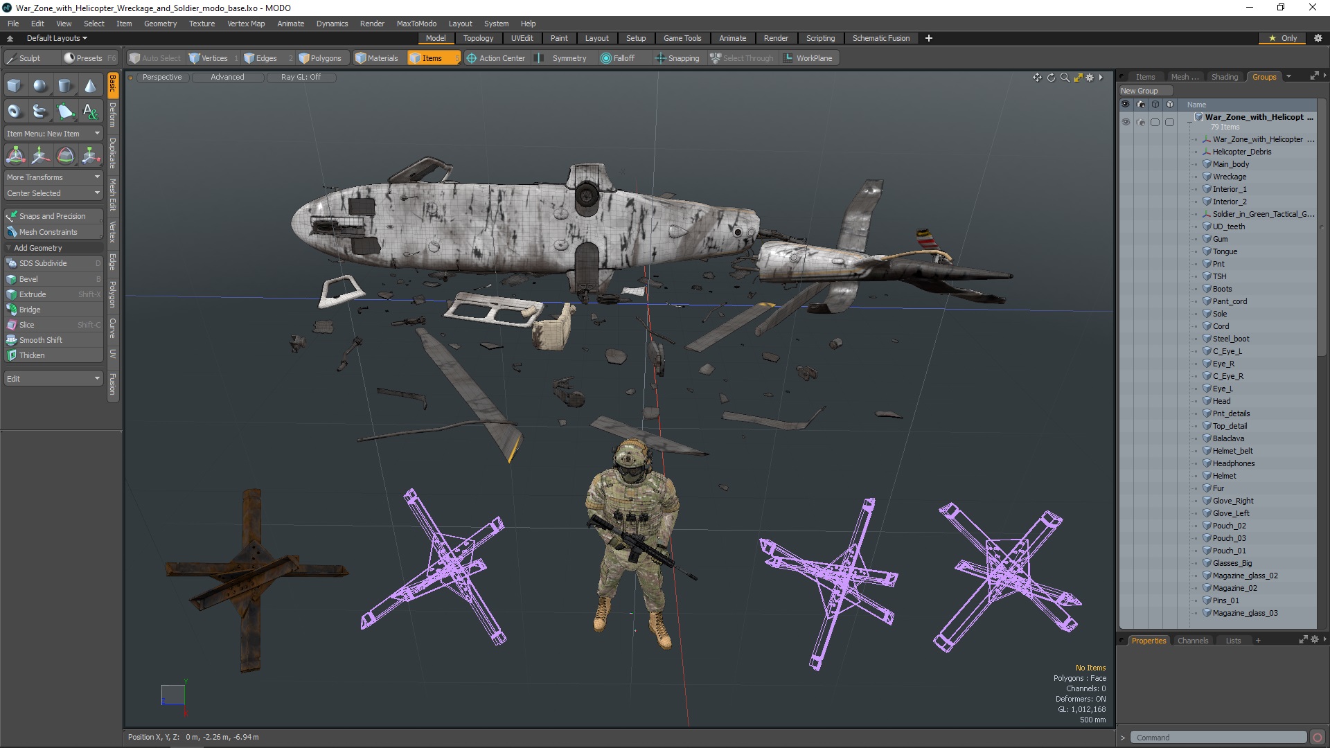 3D model War Zone with Helicopter Wreckage and Soldier