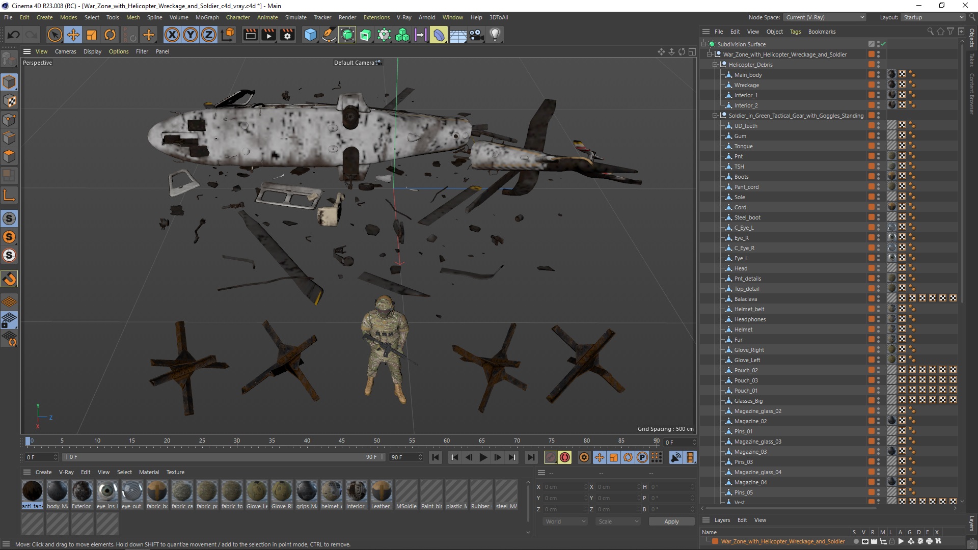 3D model War Zone with Helicopter Wreckage and Soldier