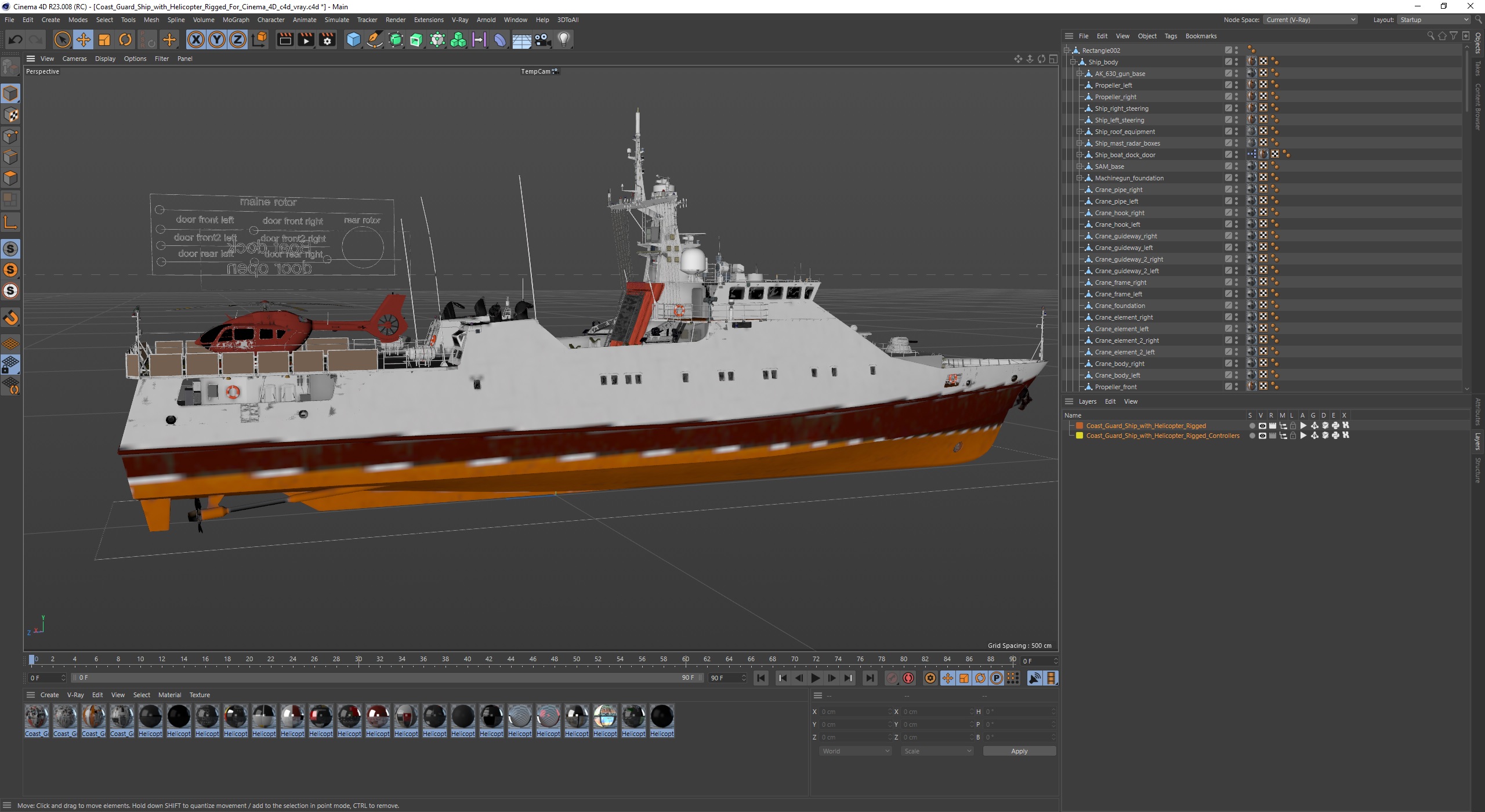 3D Coast Guard Ship with Helicopter Rigged for Cinema 4D model