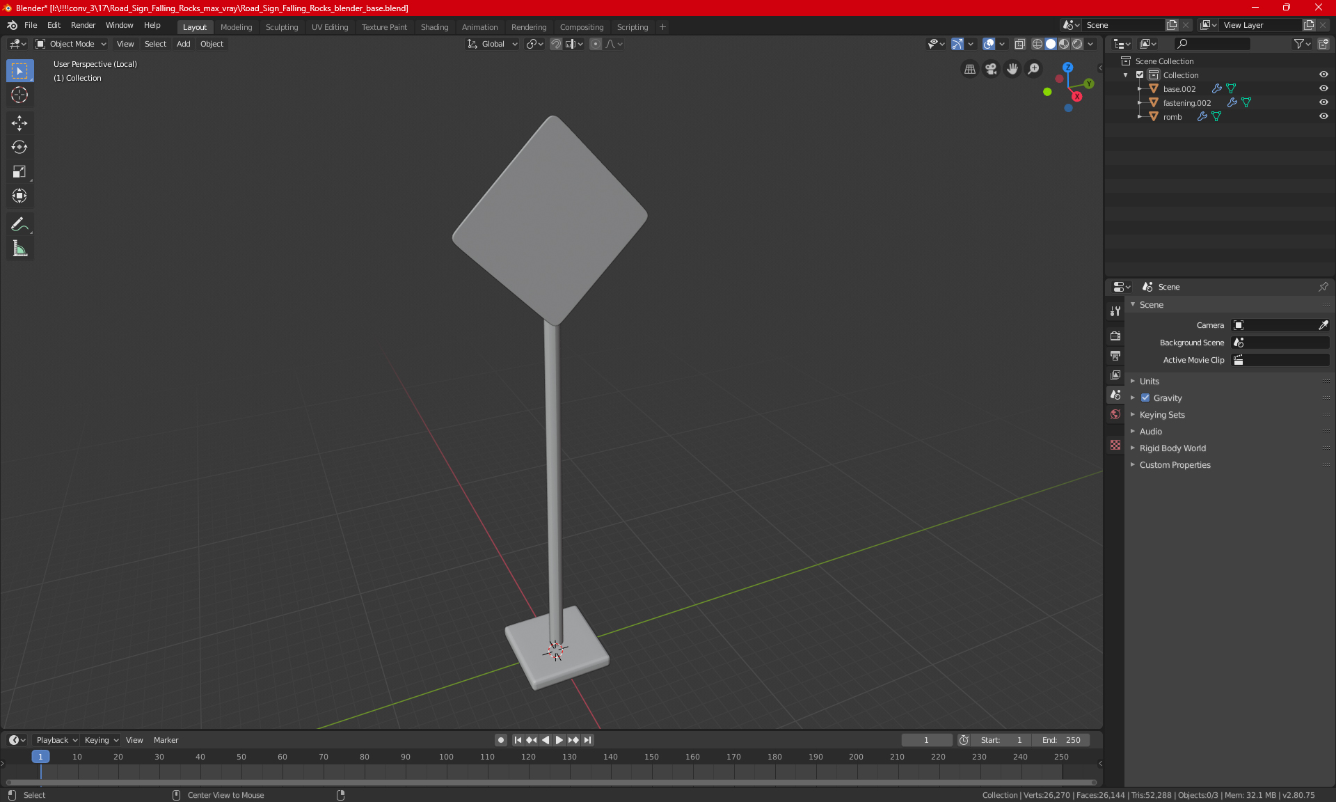 3D Road Sign Falling Rocks model