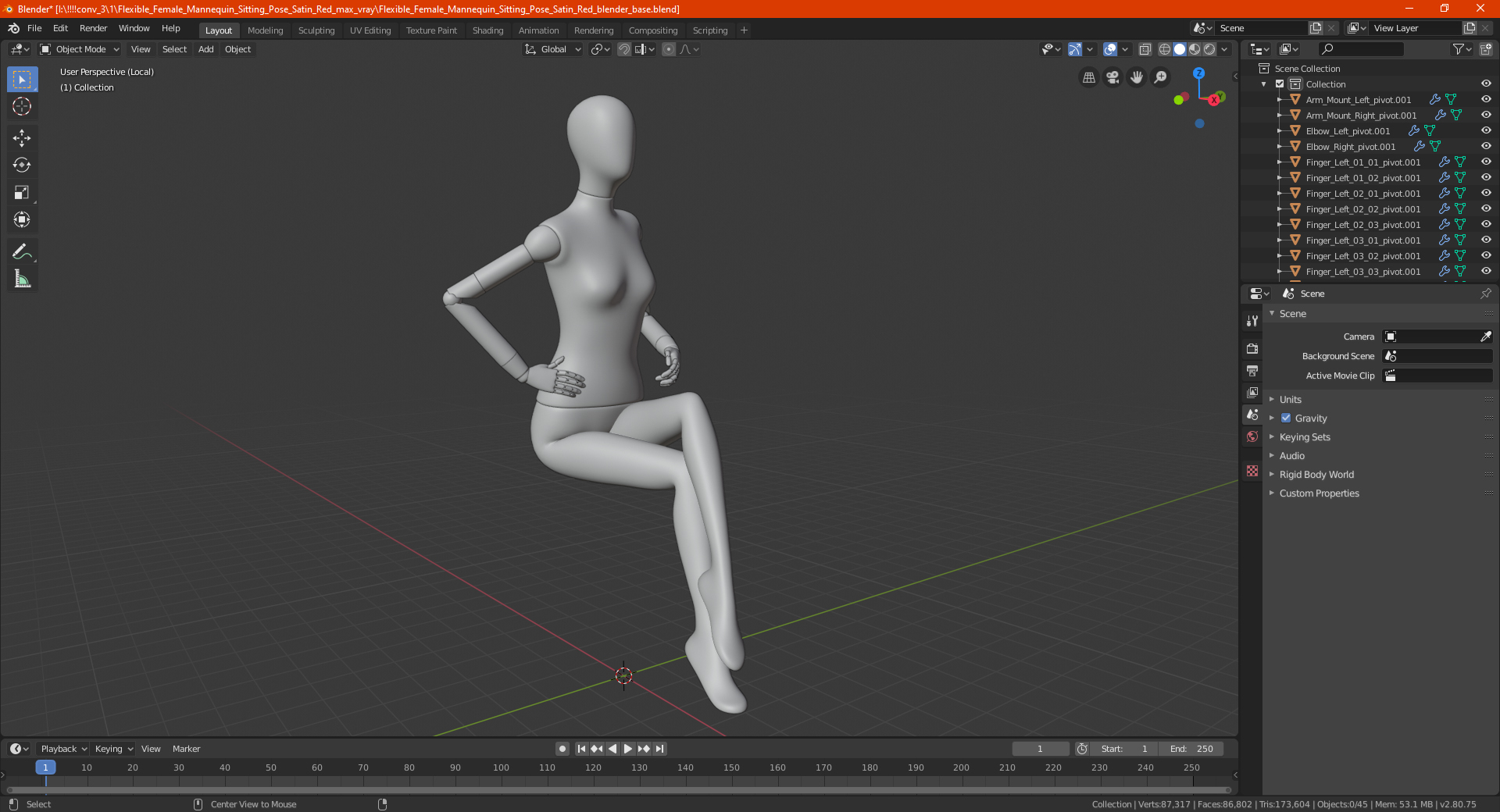 3D Flexible Female Mannequin Sitting Pose Satin Red model