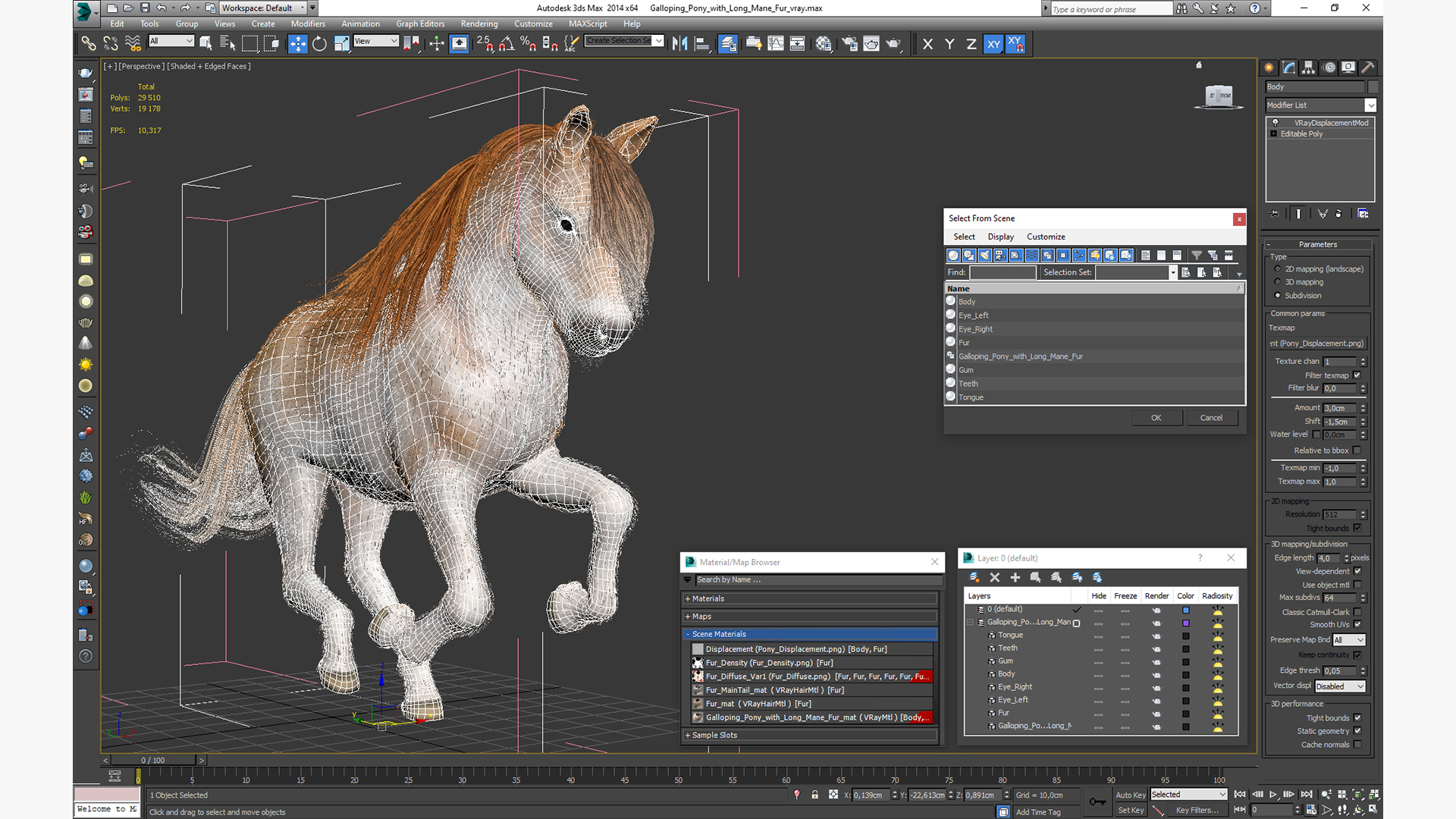 3D Galloping Pony with Long Mane Fur model