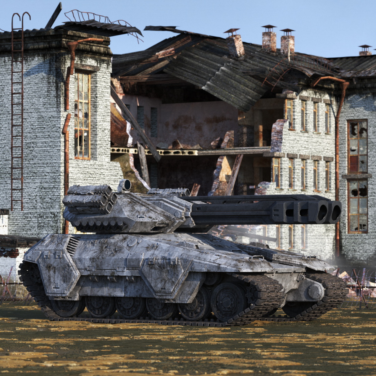 3D model Futuristic Battle Tank with Damage Rigged for Maya