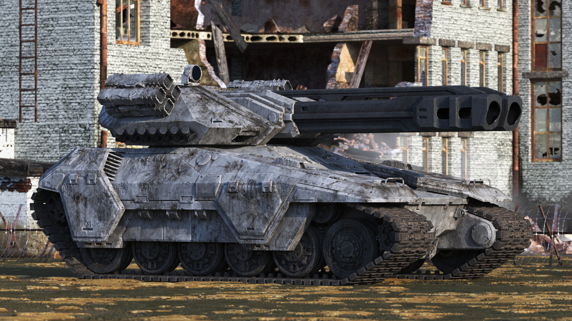 3D model Futuristic Battle Tank with Damage Rigged for Maya