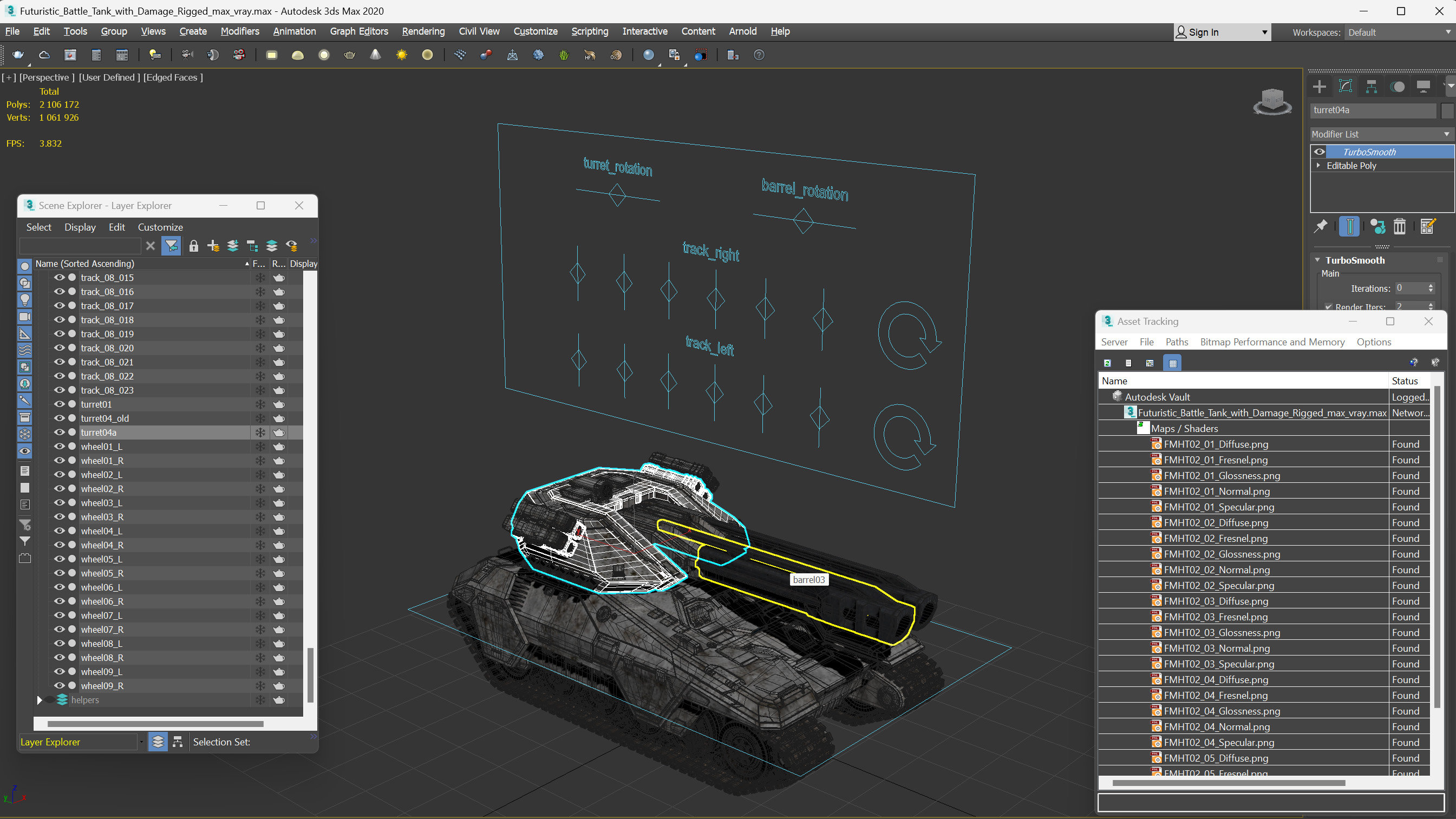 3D model Futuristic Battle Tank with Damage Rigged for Maya