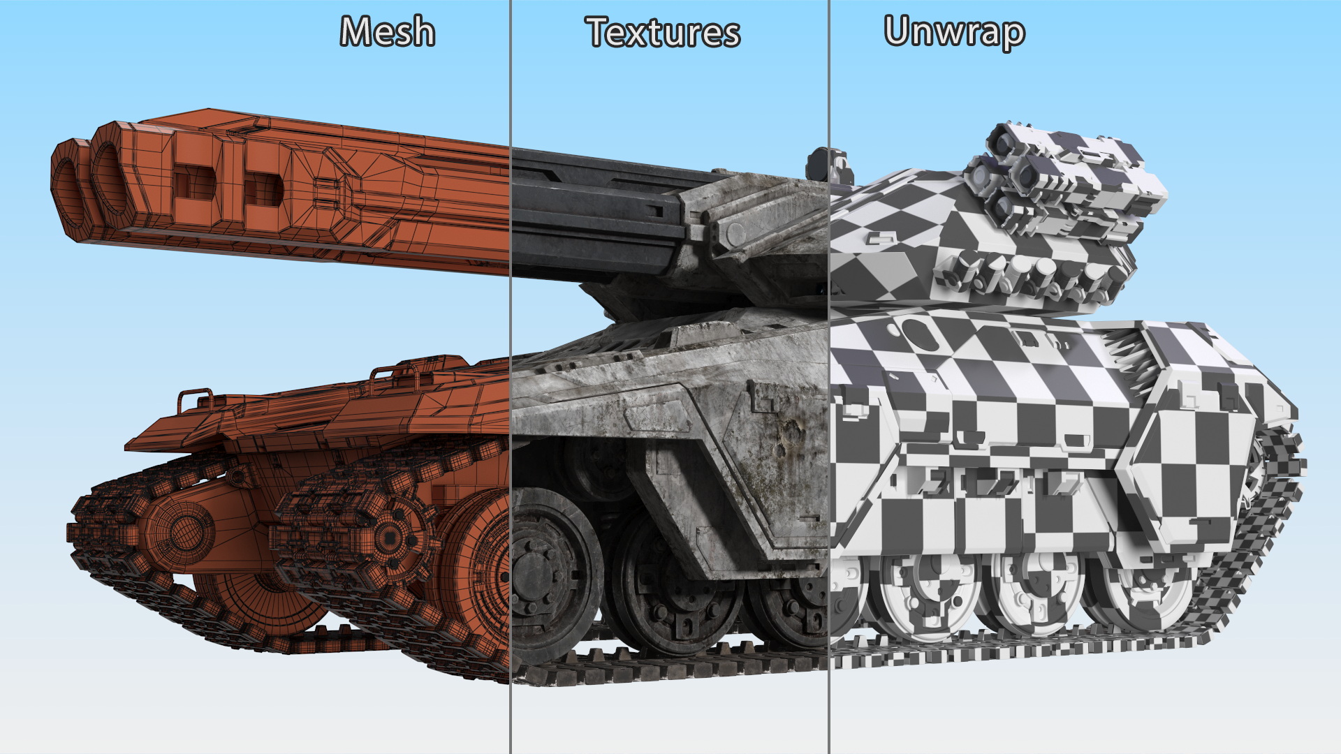 3D model Futuristic Battle Tank with Damage Rigged for Maya