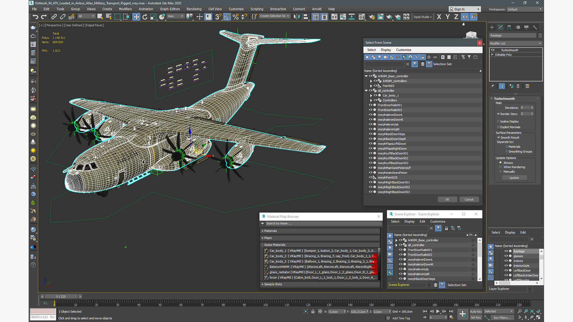 Oshkosh M ATV Loaded in Airbus Atlas Military Transport Rigged 3D