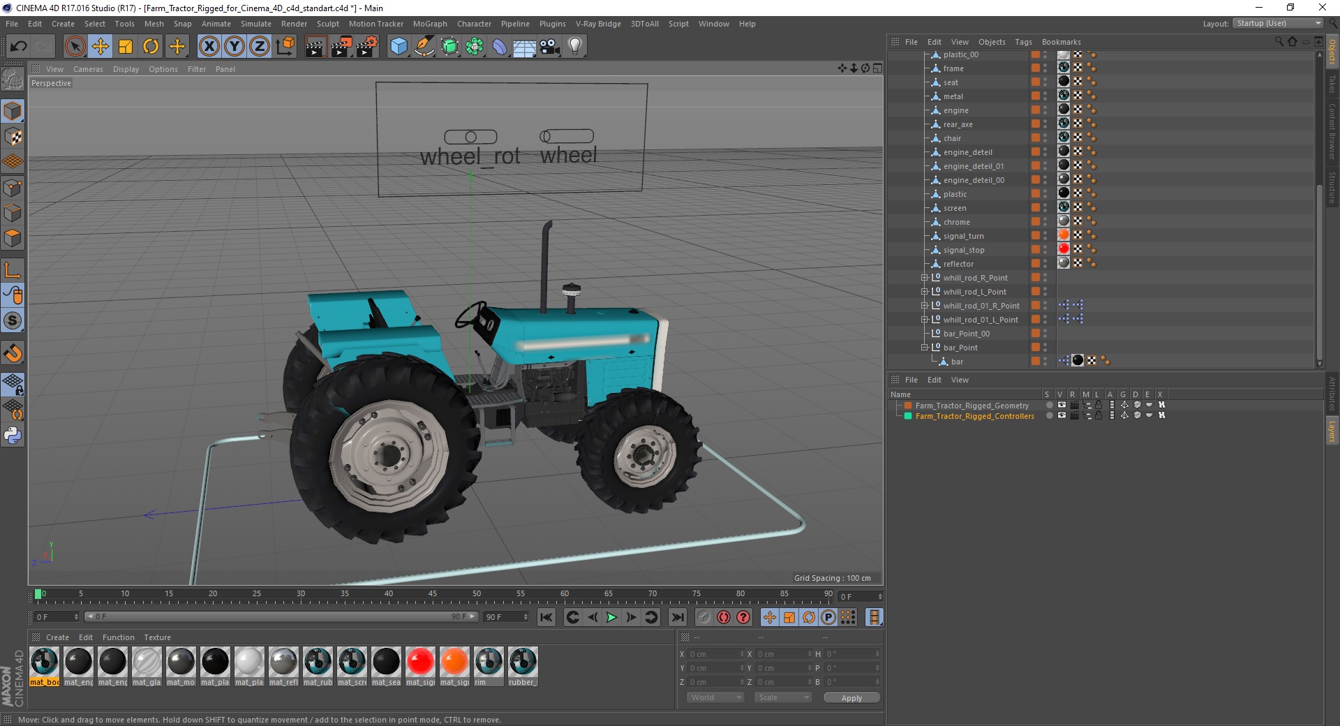 3D Farm Tractor Rigged for Cinema 4D model