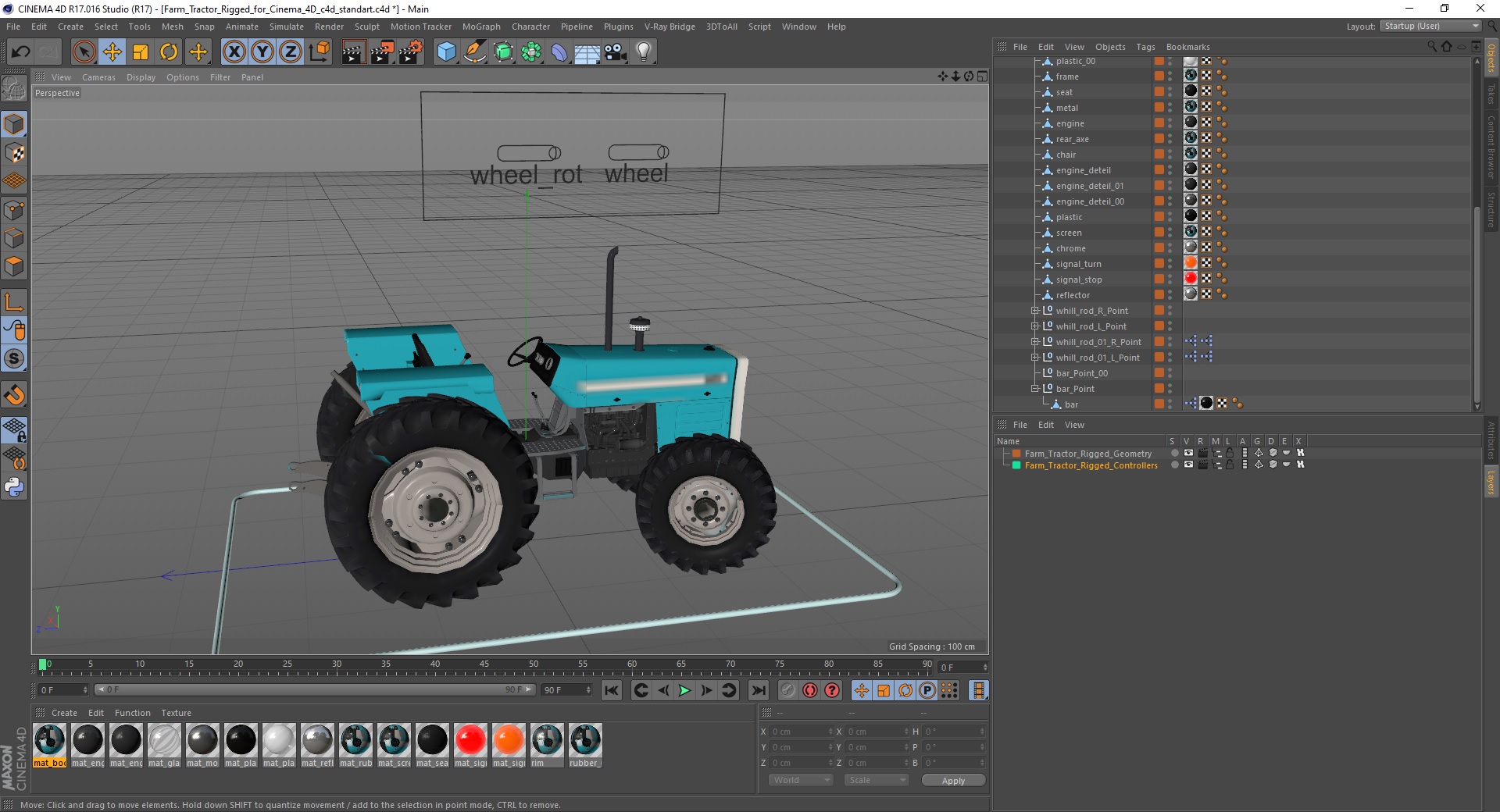 3D Farm Tractor Rigged for Cinema 4D model