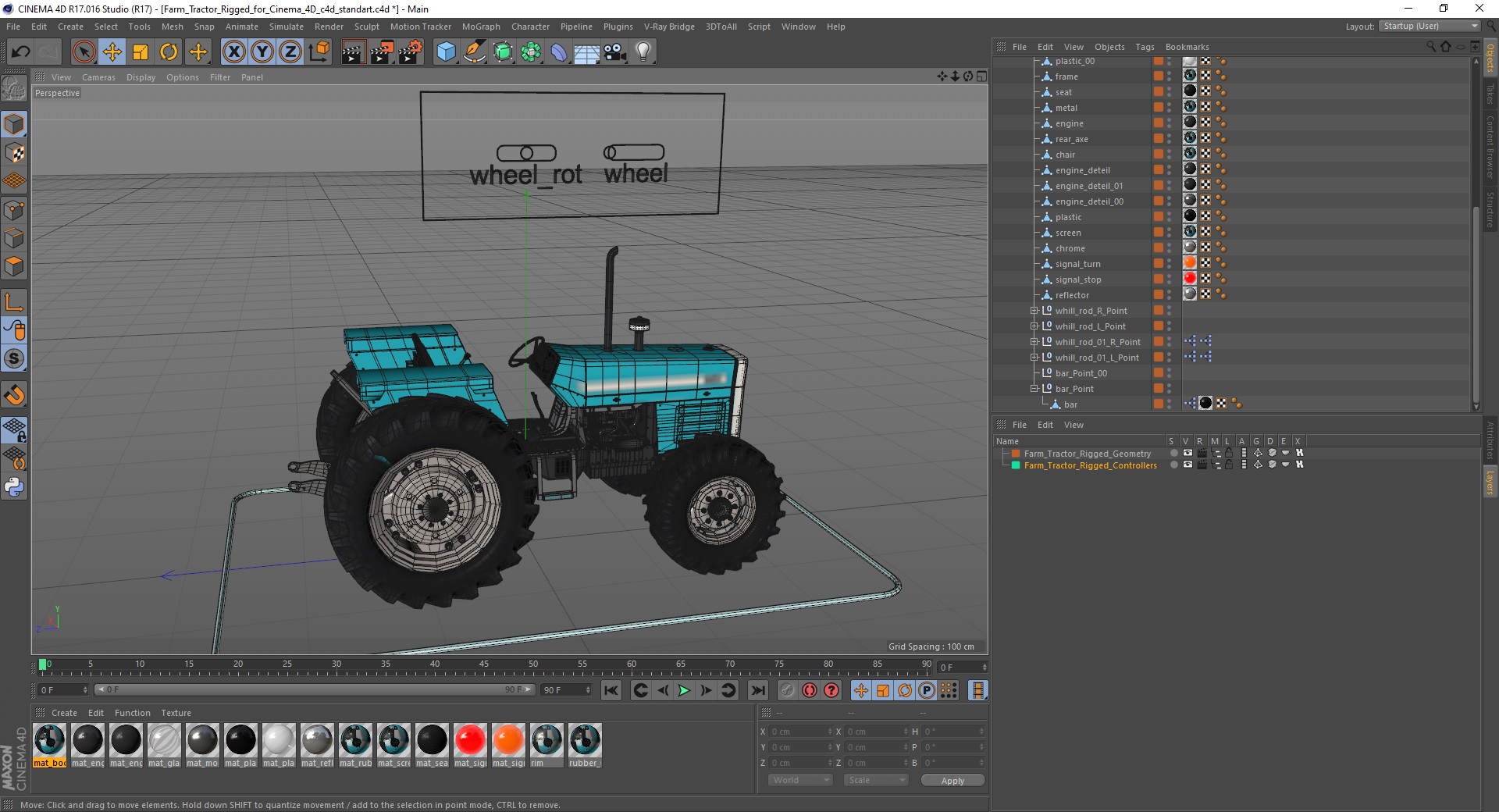 3D Farm Tractor Rigged for Cinema 4D model