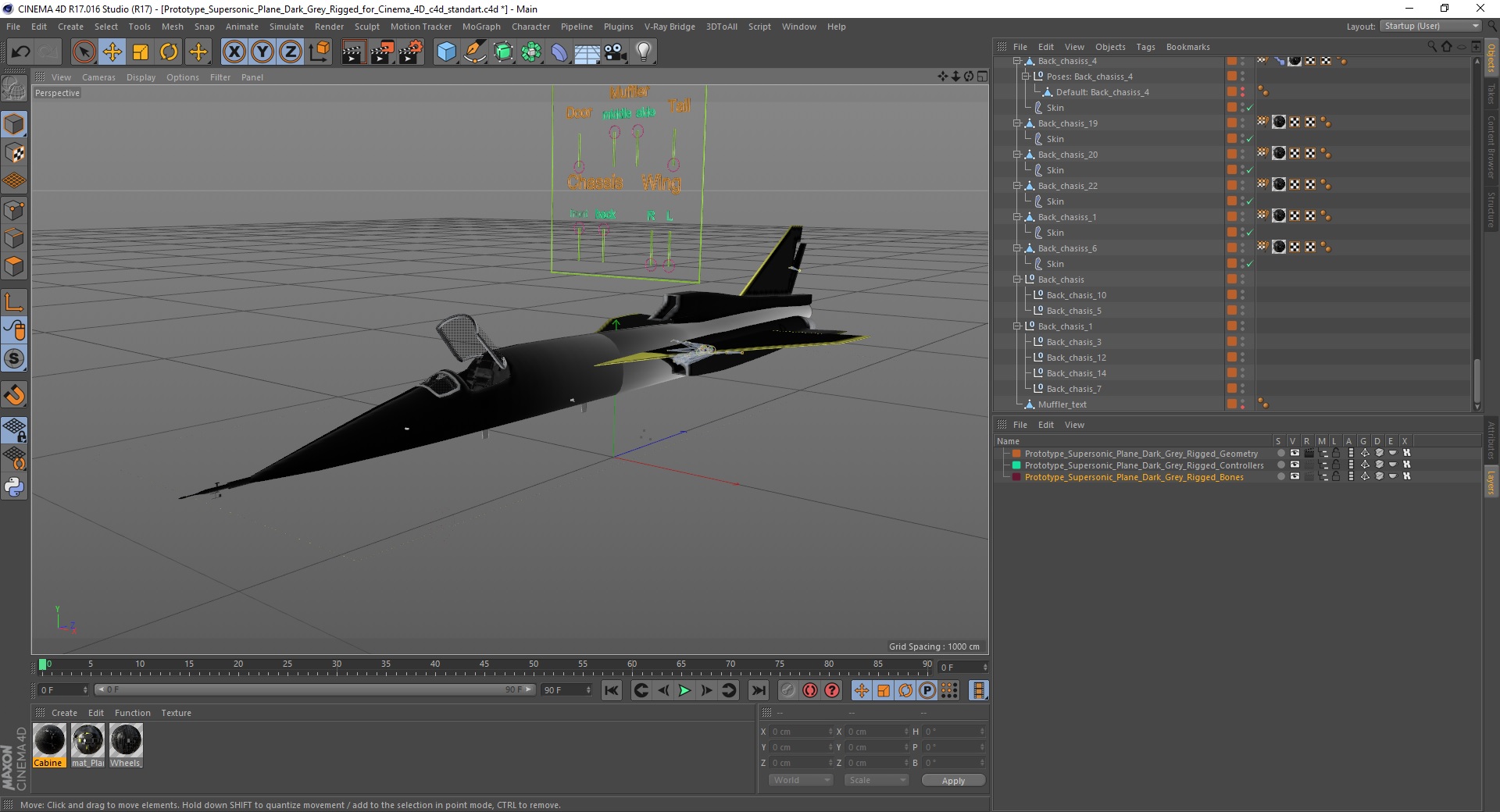 Prototype Supersonic Plane Dark Grey Rigged for Cinema 4D 3D